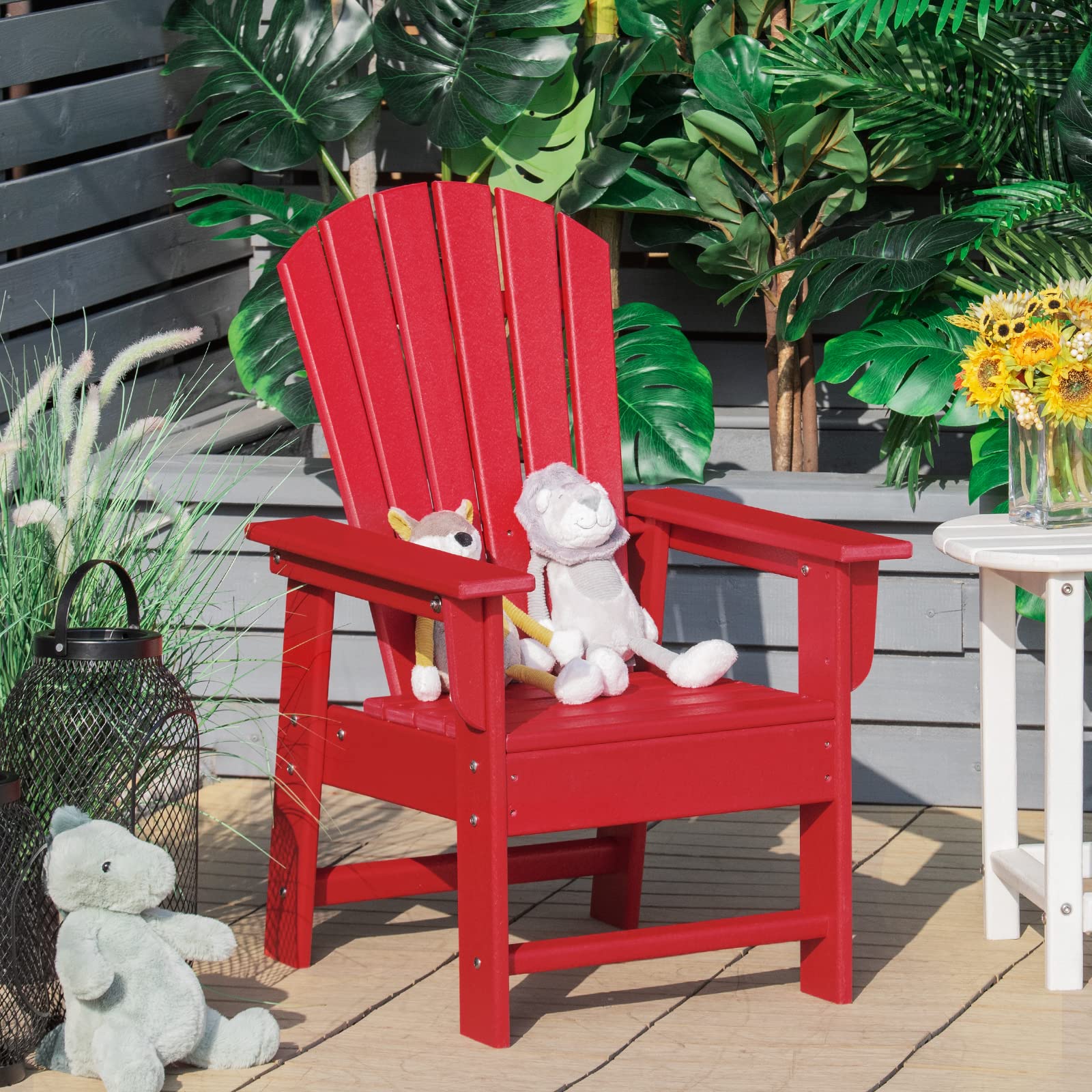 Giantex Kids Adirondack Chair - HDPE Patio Lawn Chair with Ergonomic Backrest for Outdoor & Indoor Use - Weather Resistant Toddler Outdoor Furniture for Deck, Porch, Backyard, Poolside (Red) - Perfect for Relaxing, Sunbathing and Family Gatherings