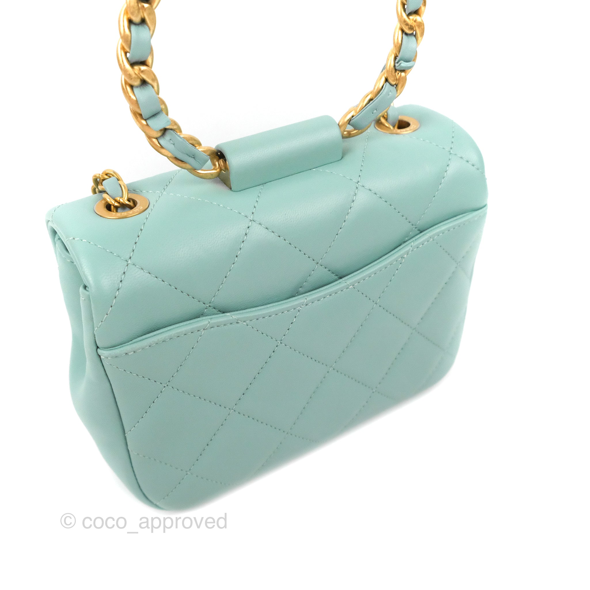 Chanel Tiffany Blue Lambskin Circular Handle Square Flap Bag with Aged Gold Hardware - Luxury Crossbody Bag for Women, Perfect for Parties & Evening Events