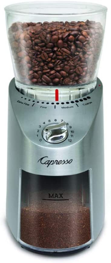 Capresso Infinity PLUS Conical Burr Coffee Grinder - Stainless Steel Finish for Espresso, French Press & Pour Over - Perfect for Home Baristas & Coffee Enthusiasts