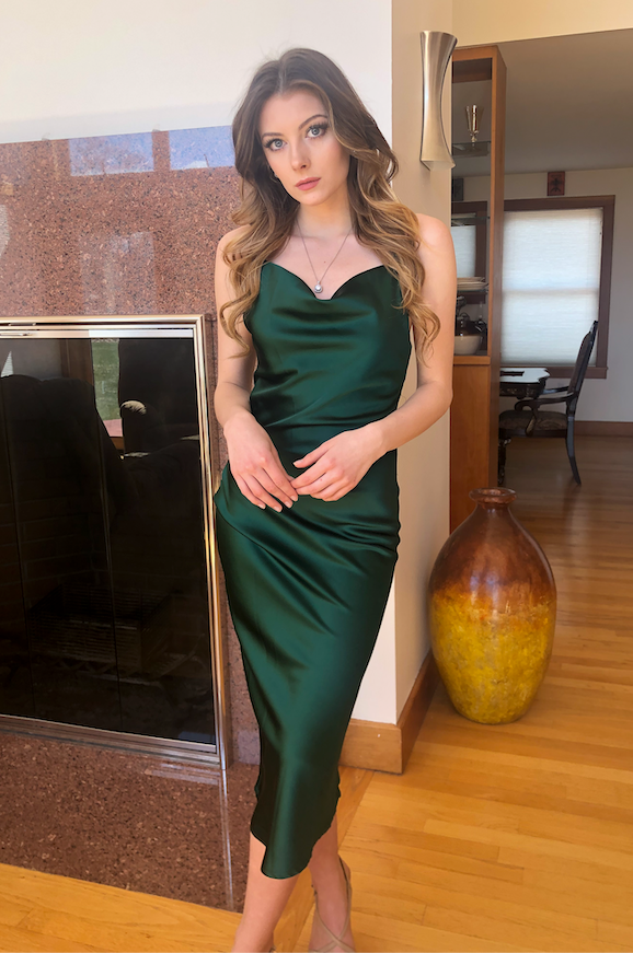 Aspen Midi Dress - Emerald Green Satin Slip Dress for Women | Perfect for Cocktail Parties, Date Nights & Special Occasions
