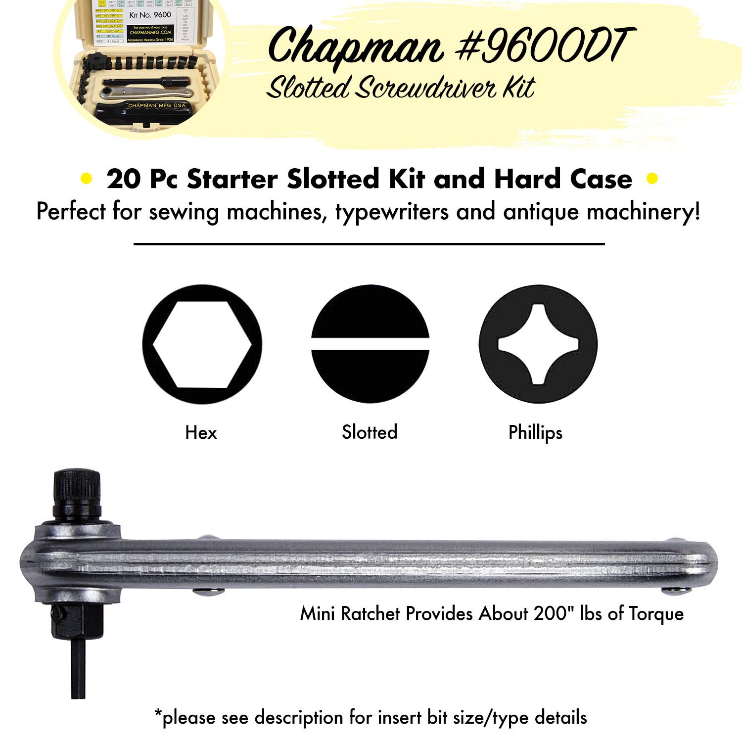 Chapman MFG 9600 20-Piece Slotted Screwdriver Set with 14 Slotted & 2 Phillips Bits, Mini Ratchet, Handle & Extension | USA Made | Perfect for Electronics Repair, Gunsmithing & DIY Projects (Desert Tan Case)