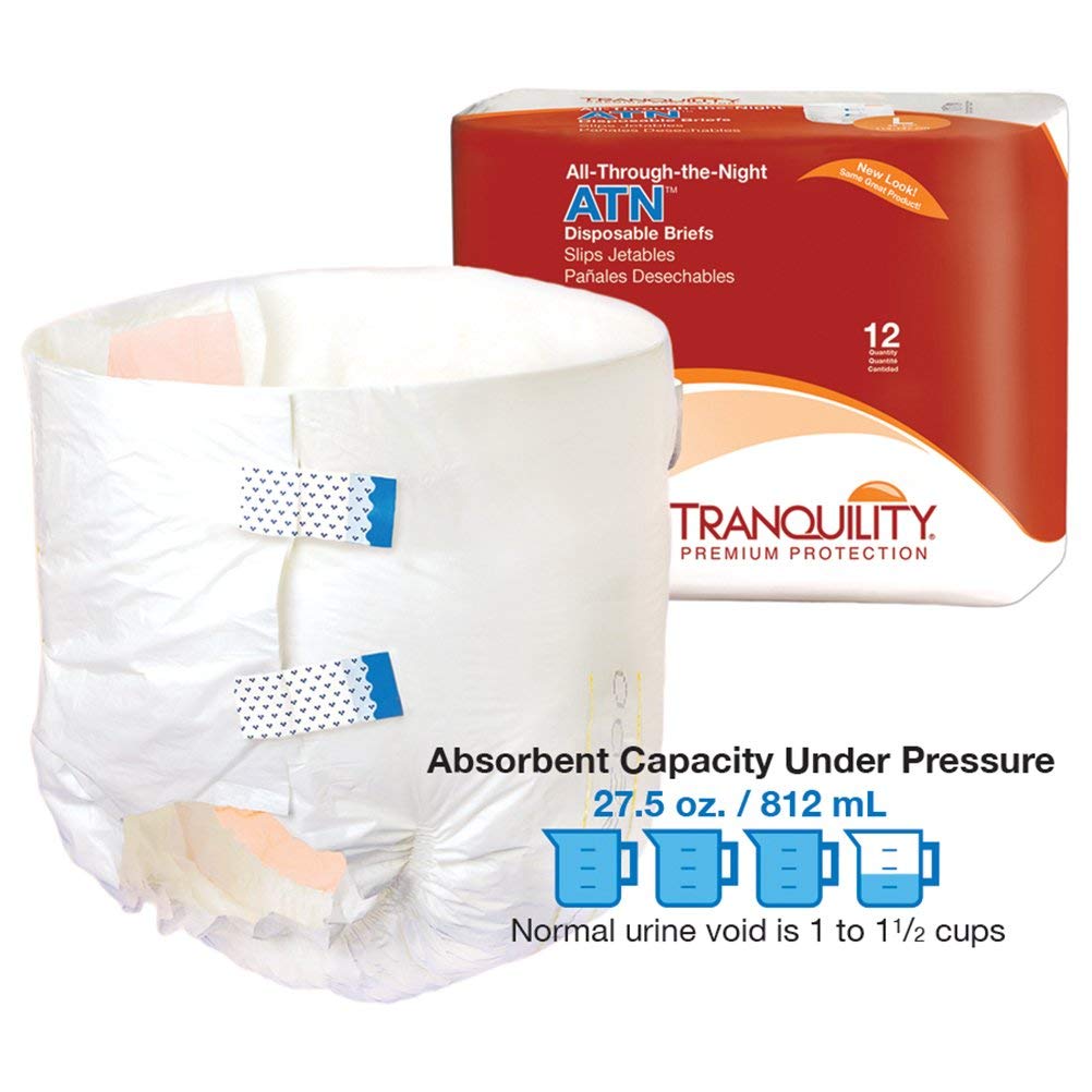 Tranquility Premium ATN Disposable Briefs with Tabs - Overnight Protection Superabsorbent Core for Leak-Free Comfort - Medium (96 Count) - Ideal for Incontinence Care, Elderly & Post-Surgery Use