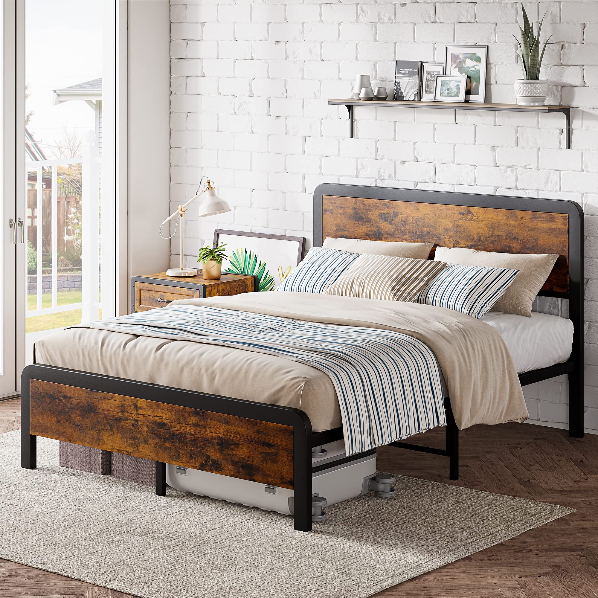 Queen Size Bed Frame with 2 Nightstands - Sturdy Platform Bed with Rounded Corners & Built-in USB Charging Stations - Complete Bedroom Furniture Set for Master Bedroom, Guest Room or Apartment