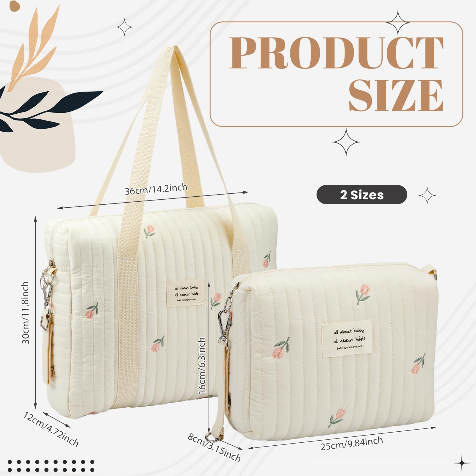 Paterr 2-Pack Quilted Cotton Diaper Bags for Women - Multifunctional Maternity Tote with Multiple Sizes - Stylish Baby Essentials Organizer for Travel, Shopping & Daily Use