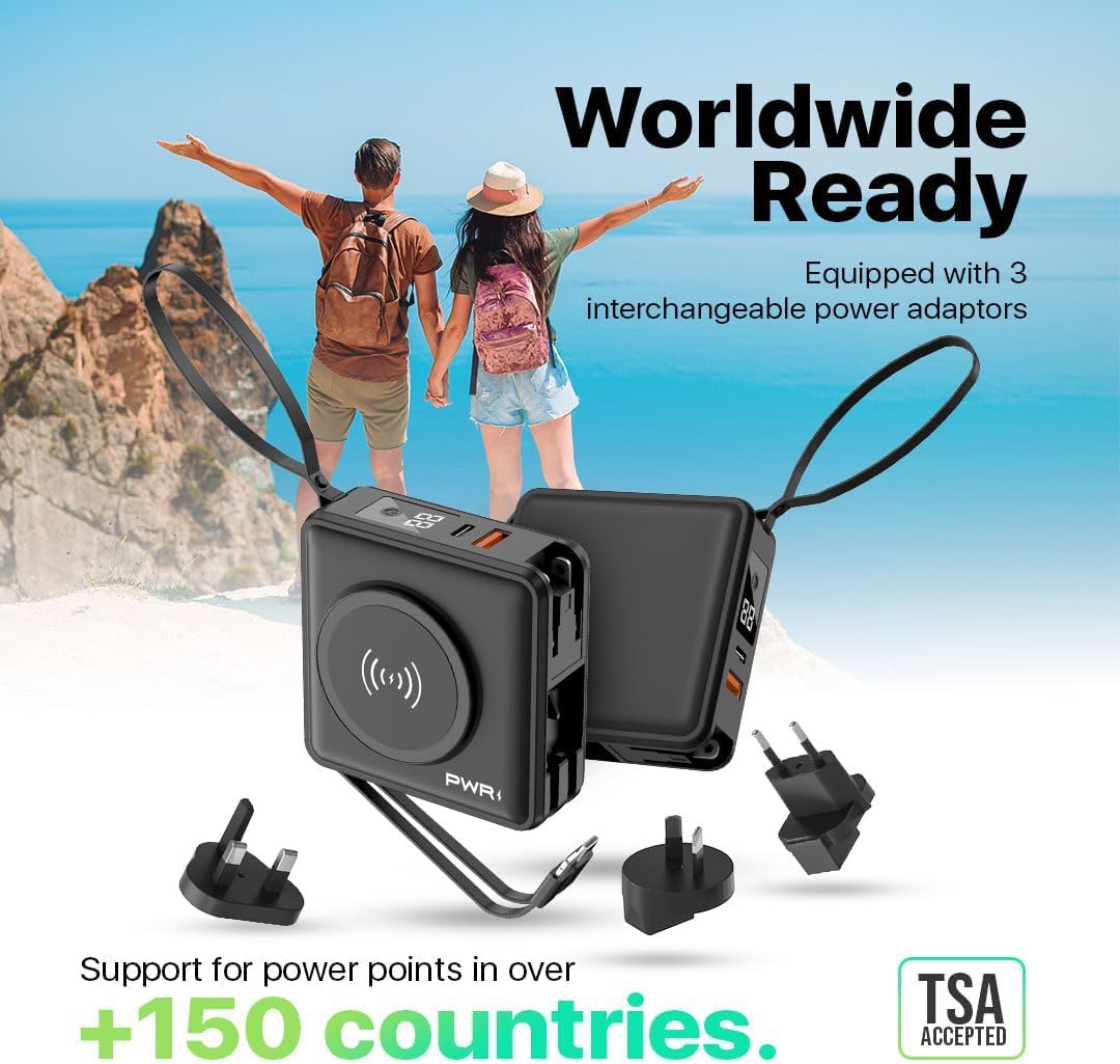 PWR Travel PRO 5-in-1 Power Bank 20W USB-C Fast Charging Portable Charger with 10,000mAh Battery - Wireless Charger & Lightning Compatible - Perfect for Travel, Camping & Emergency Power Backup