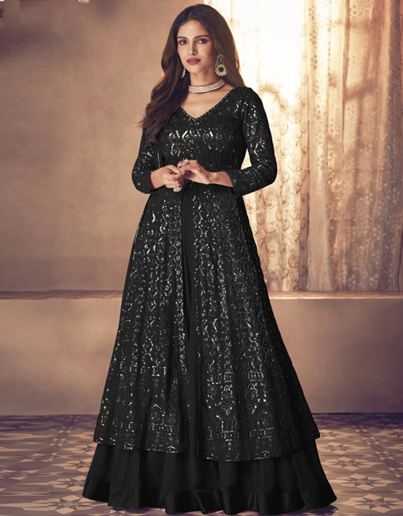 Elegant Black Lehenga Style Suit - Faux Georgette Fabric for Wedding, Party & Special Occasions