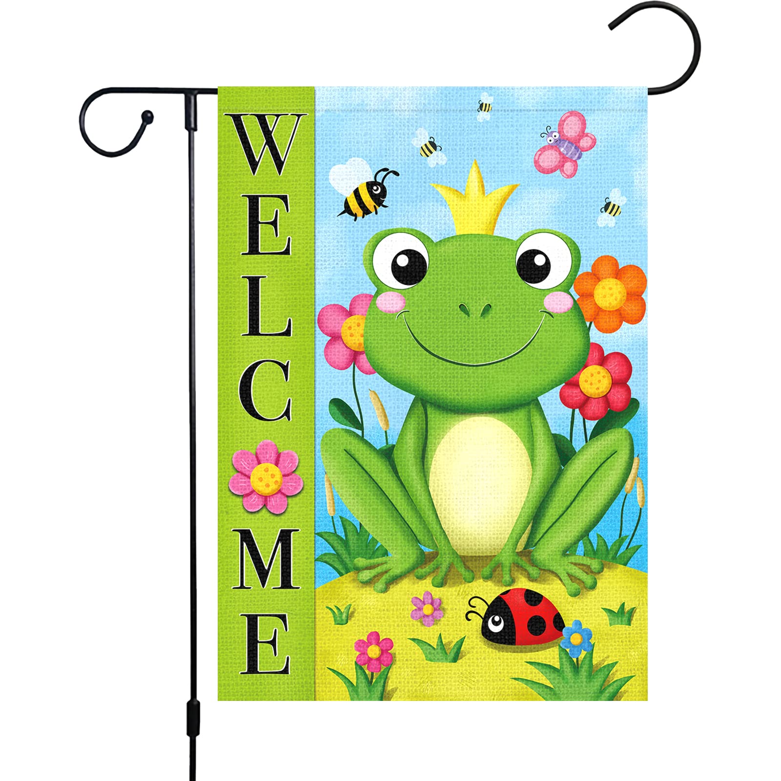 Double Sided 12x18 Inch Burlap Frog Garden Flag - Hello Summer Vertical Outdoor Yard Decoration | Seasonal Spring & Summer Welcome Banner for House, Patio, Lawn | Perfect for Front Porch, Garden Decor, Backyard Parties