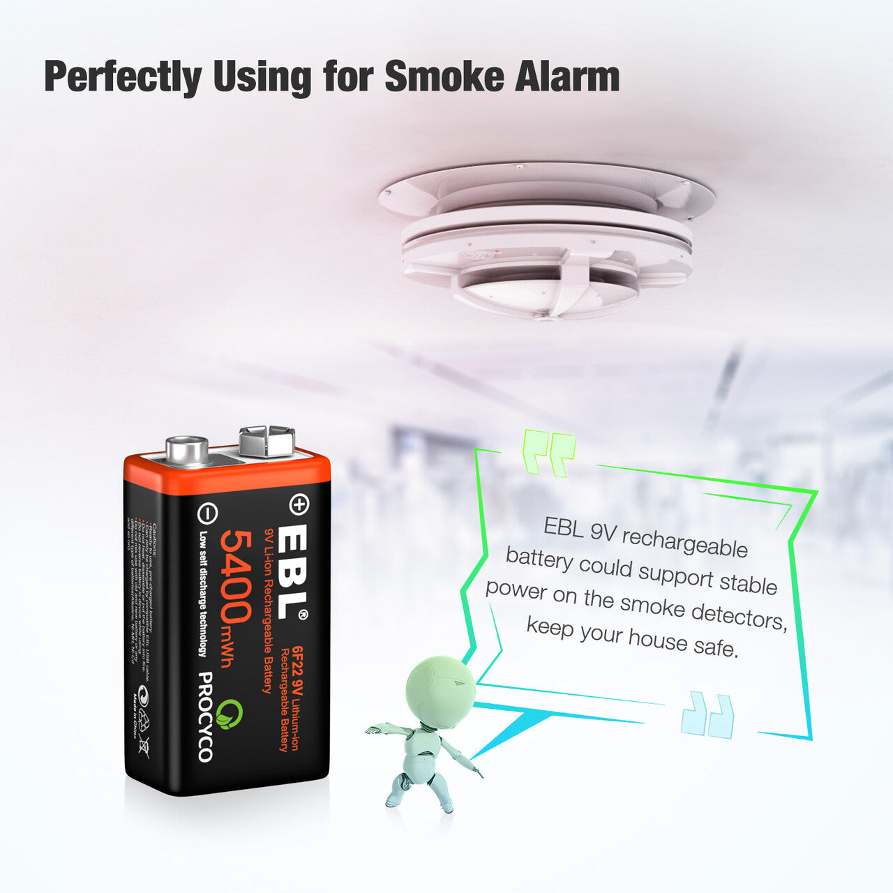 EBL USB Rechargeable 9V Lithium Ion Battery 5400mWh - Long Lasting Power for Guitar Pedals, Smoke Detectors & Electronic Devices