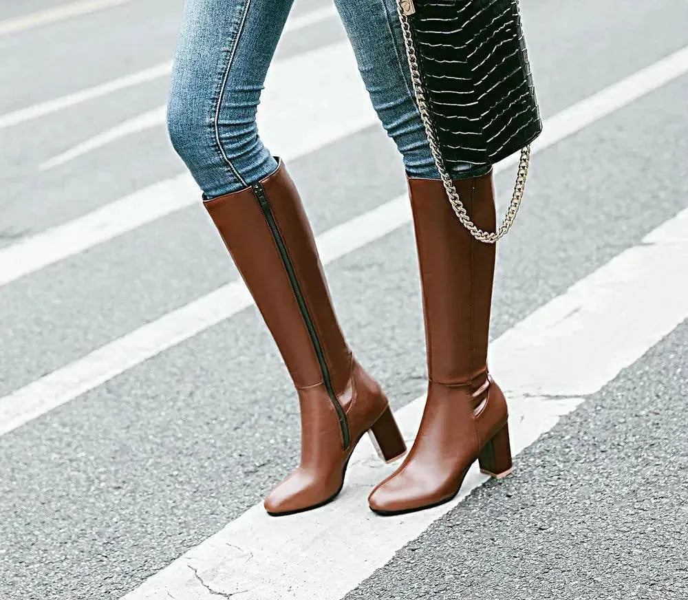 Women's Leather Knee High Heel Boots - Stylish Fashion Boots for Winter, Fall & Dressy Occasions