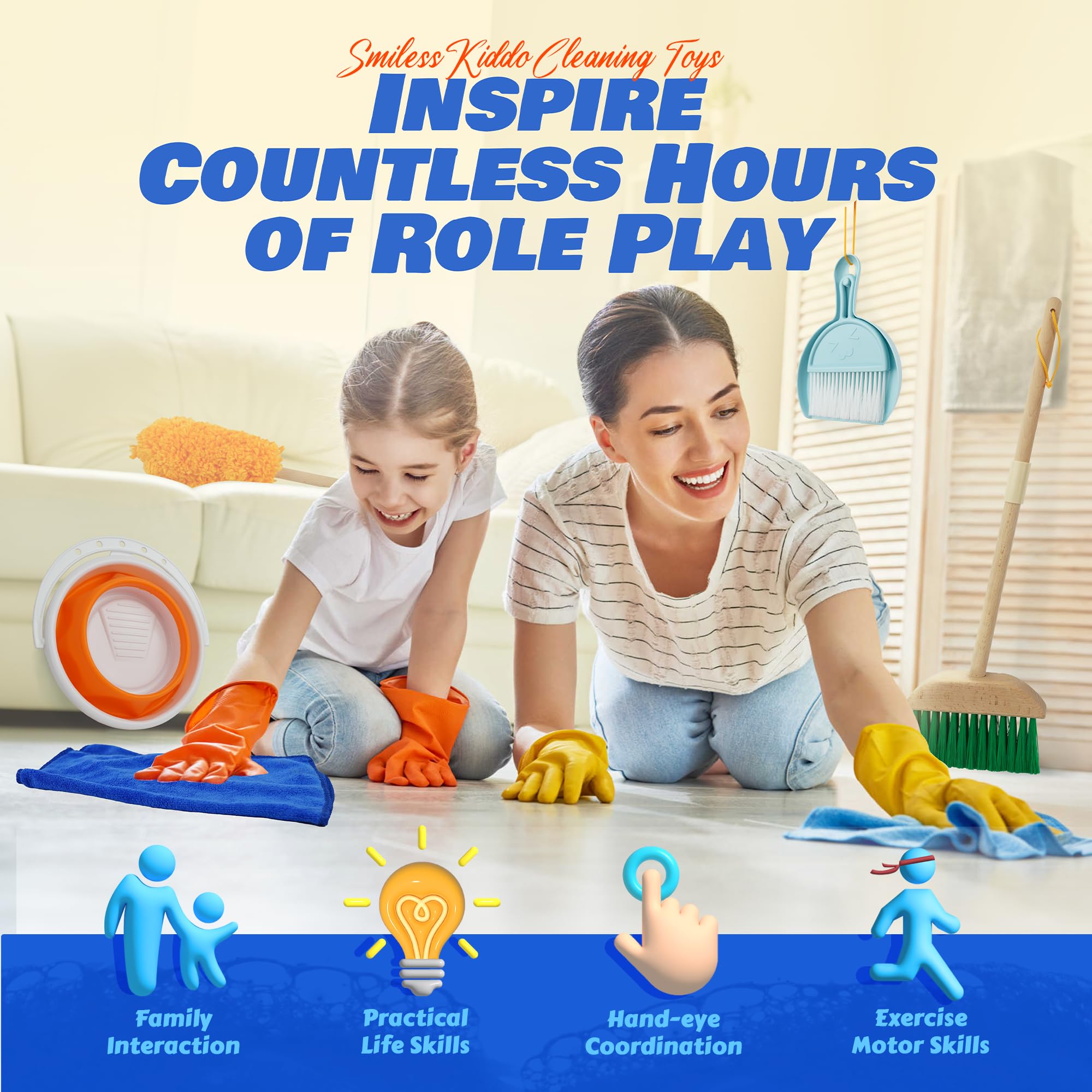 9-Piece Wooden Kids Cleaning Toy Set with Broom, Mop, Bucket & Cloth - Montessori Learning Toys for Toddlers - Pretend Play Housekeeping Set for Indoor Chores & Role Play Activities