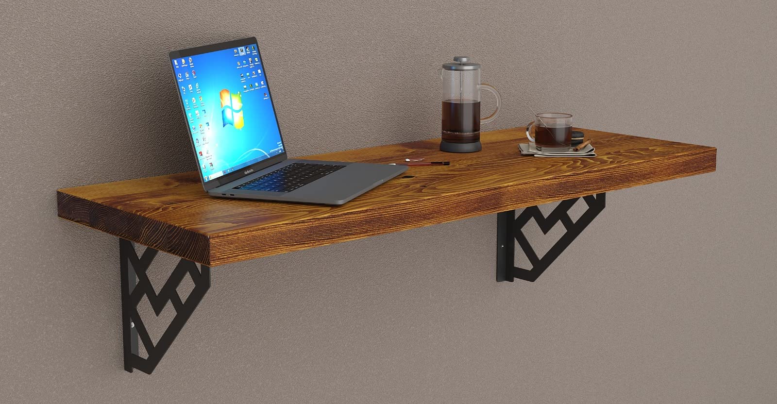 Wall Mounted Desk Bar Table - 40X14 Rustic Aged Oak - Space Saving Kitchen Counter, Laundry Shelf, Computer Workbench & Dining Table - Perfect for Small Apartments, Studios & Home Offices - Includes Free Spirit Level