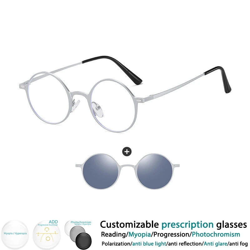 CCspace Women's Full Rim Round Alloy Eyeglasses with Clip-On Sunglasses - Stylish & Lightweight Frame for Reading, Driving, and Outdoor Activities (Model 302147)