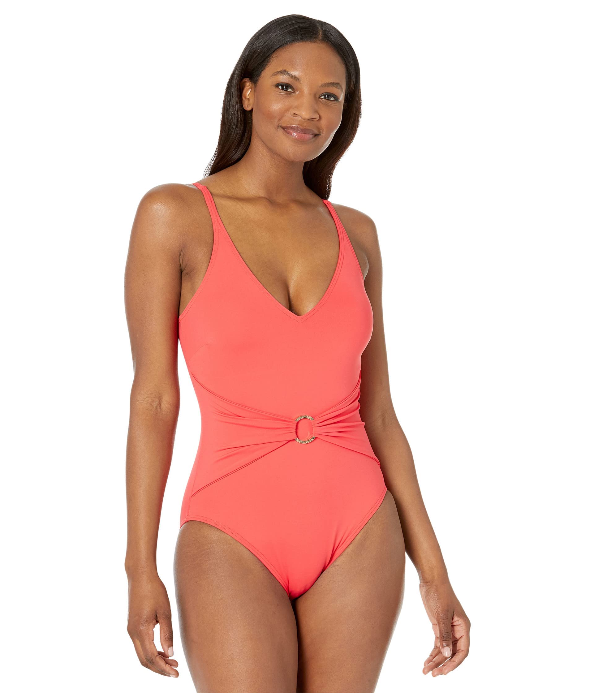 Michael Kors Iconic Solids Sash Logo Trim V-Neck One-Piece Swimsuit with Removable Soft Cups - Perfect for Beach Vacations, Pool Parties & Summer Getaways