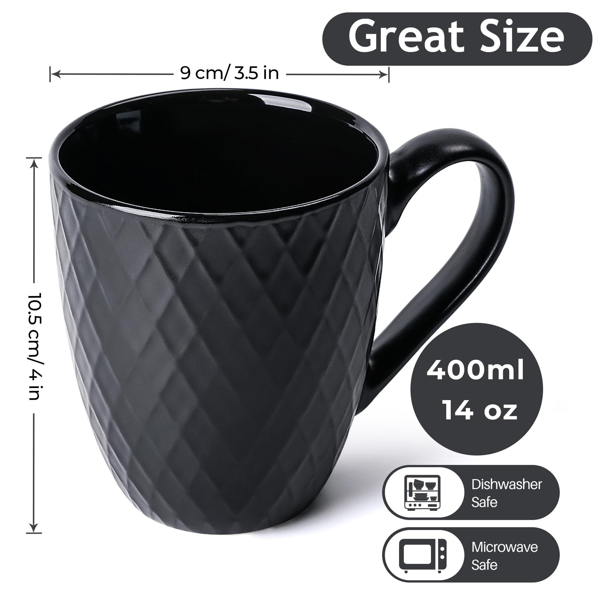 MIAMIO - 6-Pack 14 Oz Ceramic Coffee Mugs Set, Large Coffee Cups - Microwave & Dishwasher Safe - Palmanova Collection (Black) - Perfect for Home, Office & Gifts