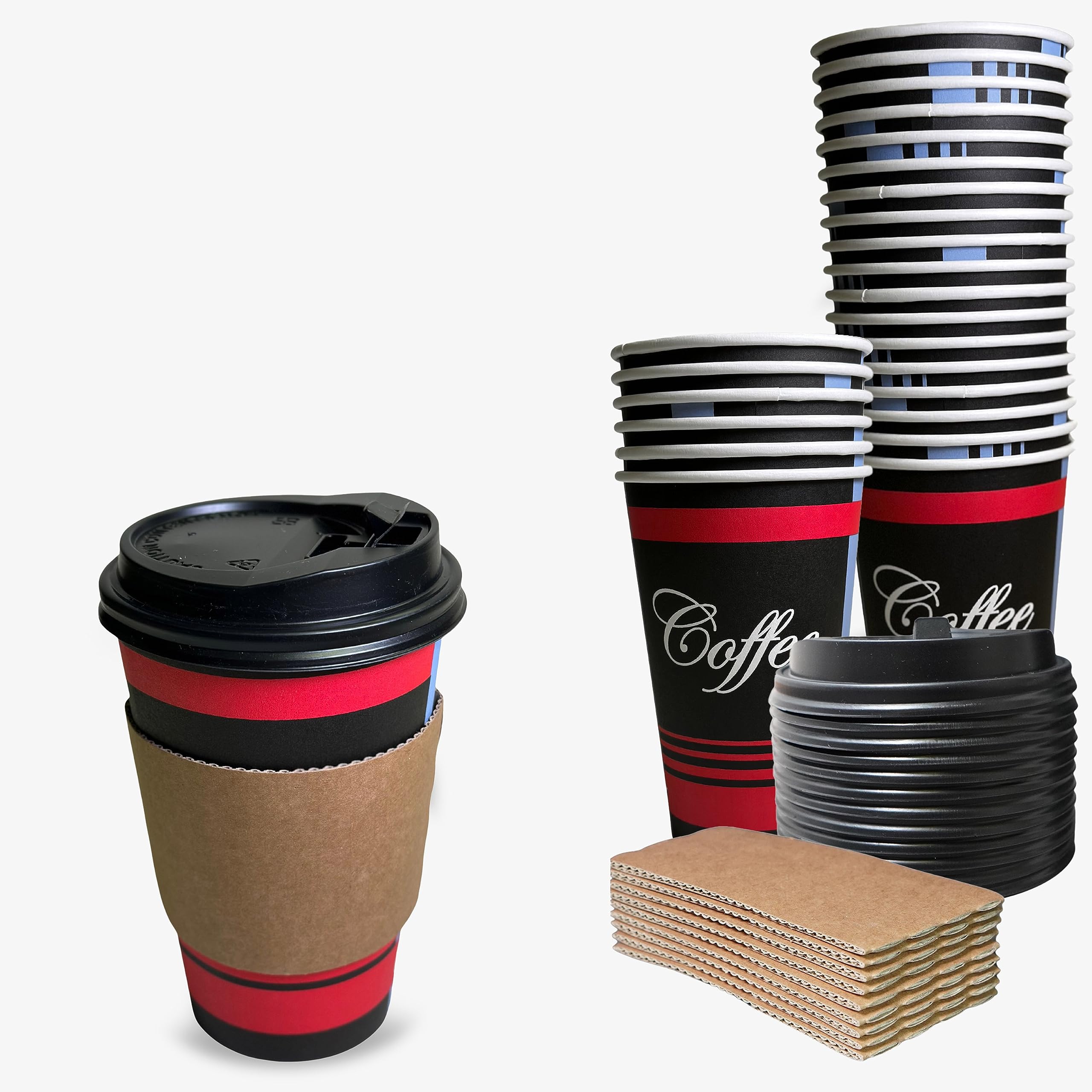 EcoQuality 300-Pack 16oz Disposable Paper Coffee Cups with Black Dome Lids, Sleeves & Stirrers - Hot/Cold Beverage Travel Mugs for Coffee, Tea, Chocolate & Latte - Perfect for Office, Parties, Cafes & On-the-Go Use