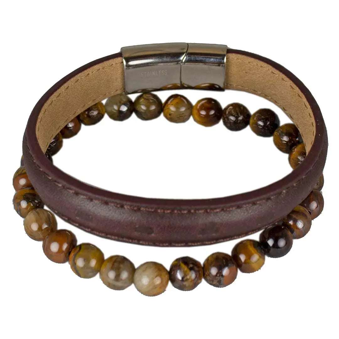 Steeltime Genuine Tiger's Eye Stone Leather Wrap Bracelet for Men & Women - Adjustable Wristband for Yoga, Meditation & Spiritual Healing