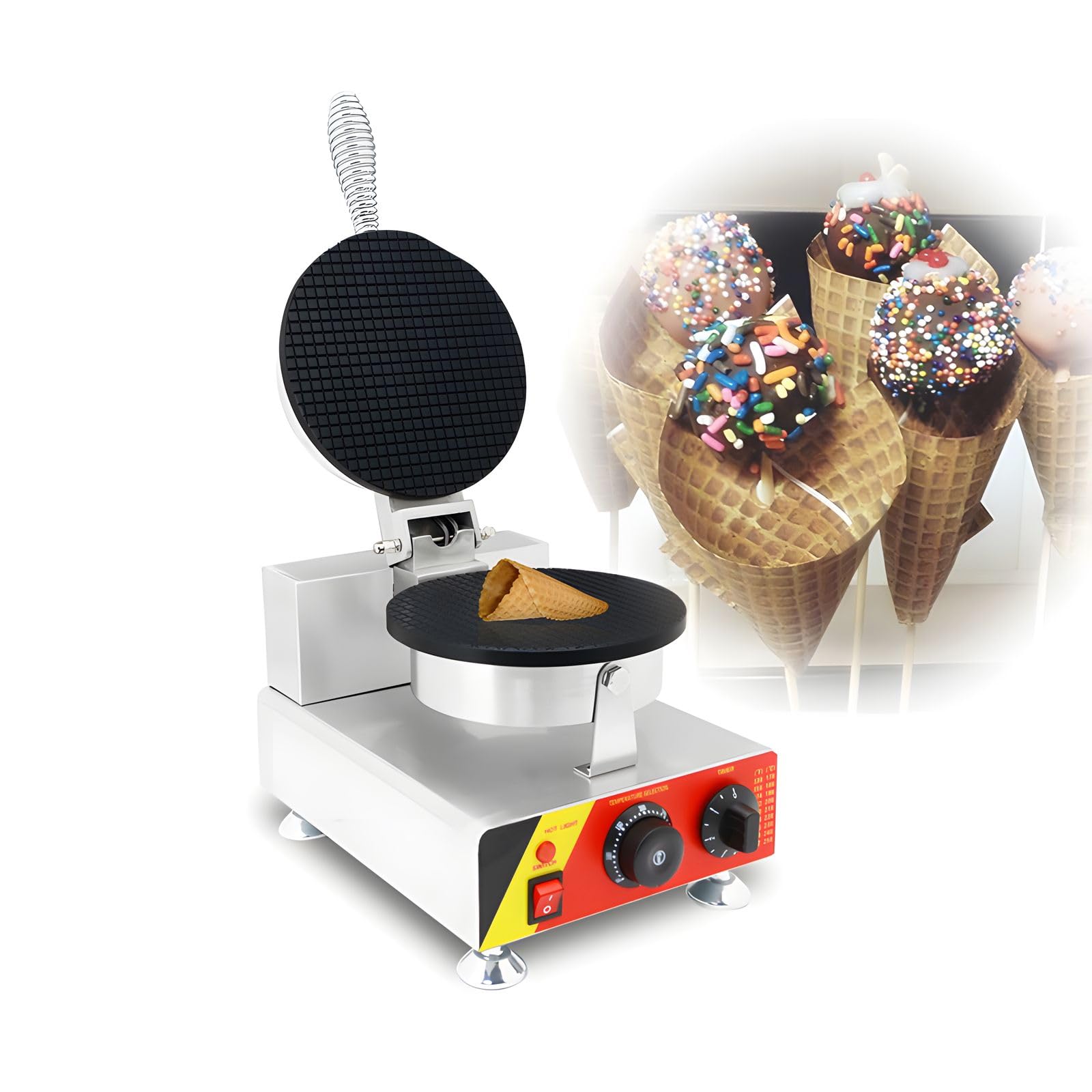 Commercial 110V Electric Waffle Cone Maker Machine - Stainless Steel Single Station Ice Cream Cone Baker with Adjustable Temperature (50-300℃) - Perfect for Restaurants, Bakeries, Ice Cream Shops and Home Use