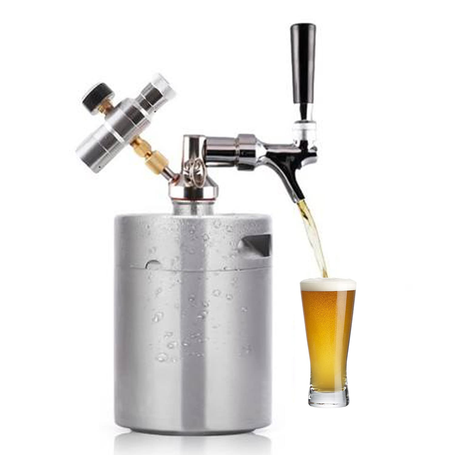 YUEWO 128OZ Mini Beer Keg - 304 Stainless Steel Pressurized Growler Tap System with CO2 Regulator | Portable Draft Beer Dispenser for Homebrew & Craft Beer | Perfect for Parties, Camping & Outdoor Events