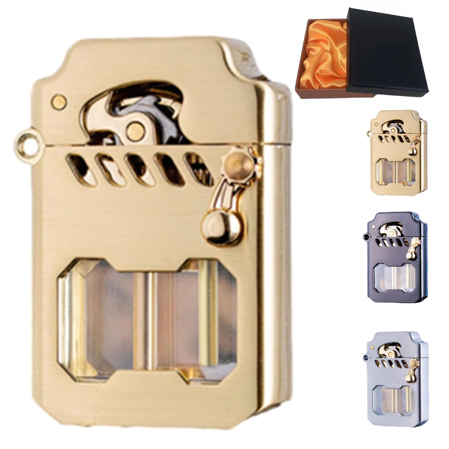 Premium Mecha Metal Rocker Lighter - Vintage Transparent Oil Tank Kerosene Lighter with Rocker Arm & Drive Gear (Gold) | Perfect for Camping, Outdoor Adventures & Collectors