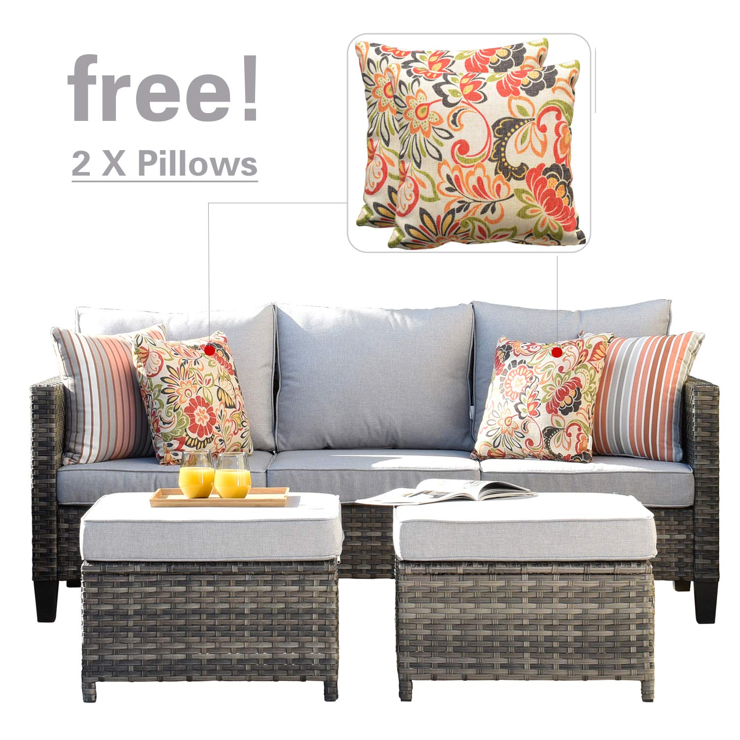 Outdoor Rattan Patio Furniture Set 5-Piece All-Weather Wicker Conversation Set with Sofa, Chairs & Ottomans - Grey - Perfect for Garden, Deck, Backyard & Poolside Relaxation