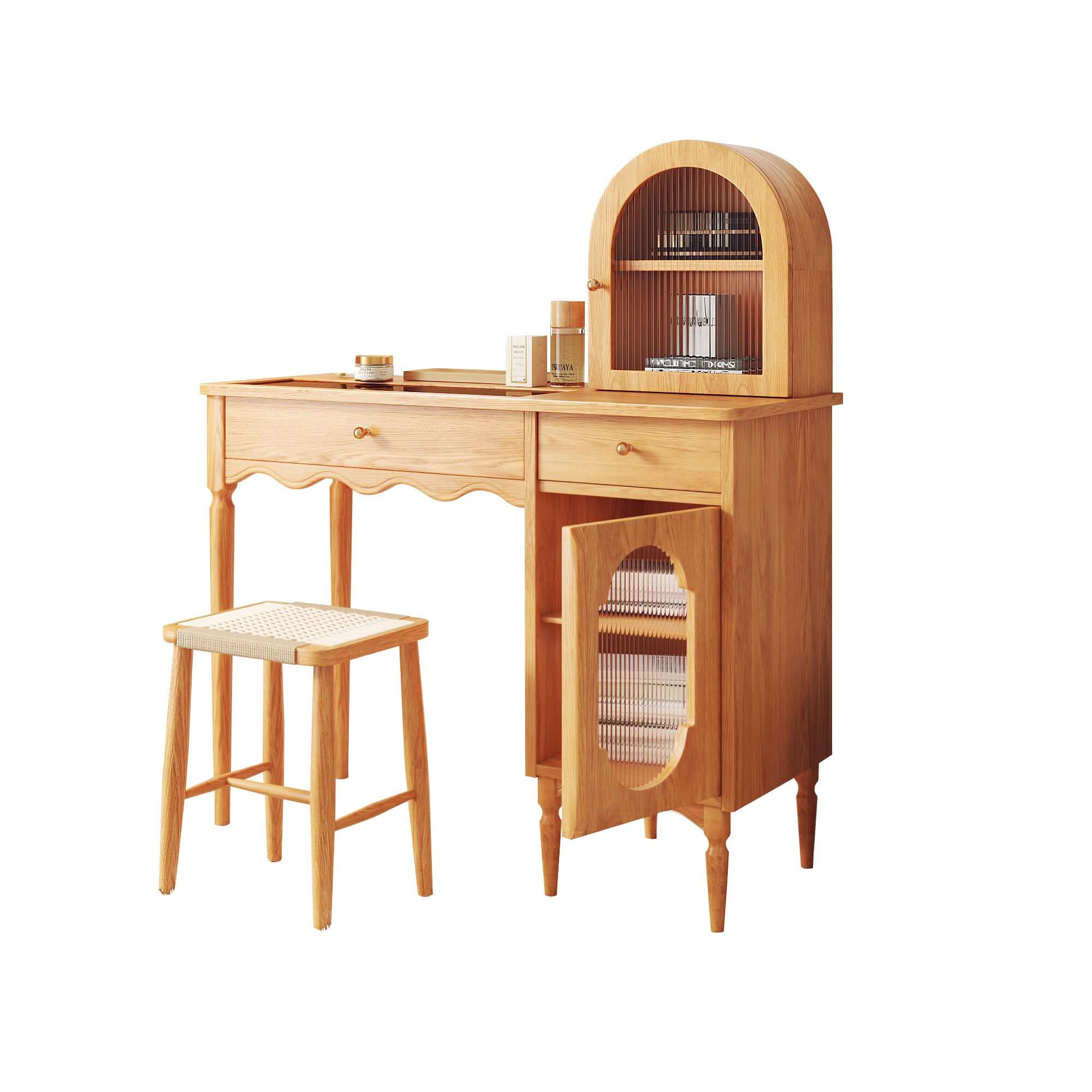 Elegant Wooden Makeup Vanity Set with Jewelry Storage & Side Cabinet - Perfect for Bedroom Organization & Beauty Routine | Dressing Table with Mirror & Drawers for Women