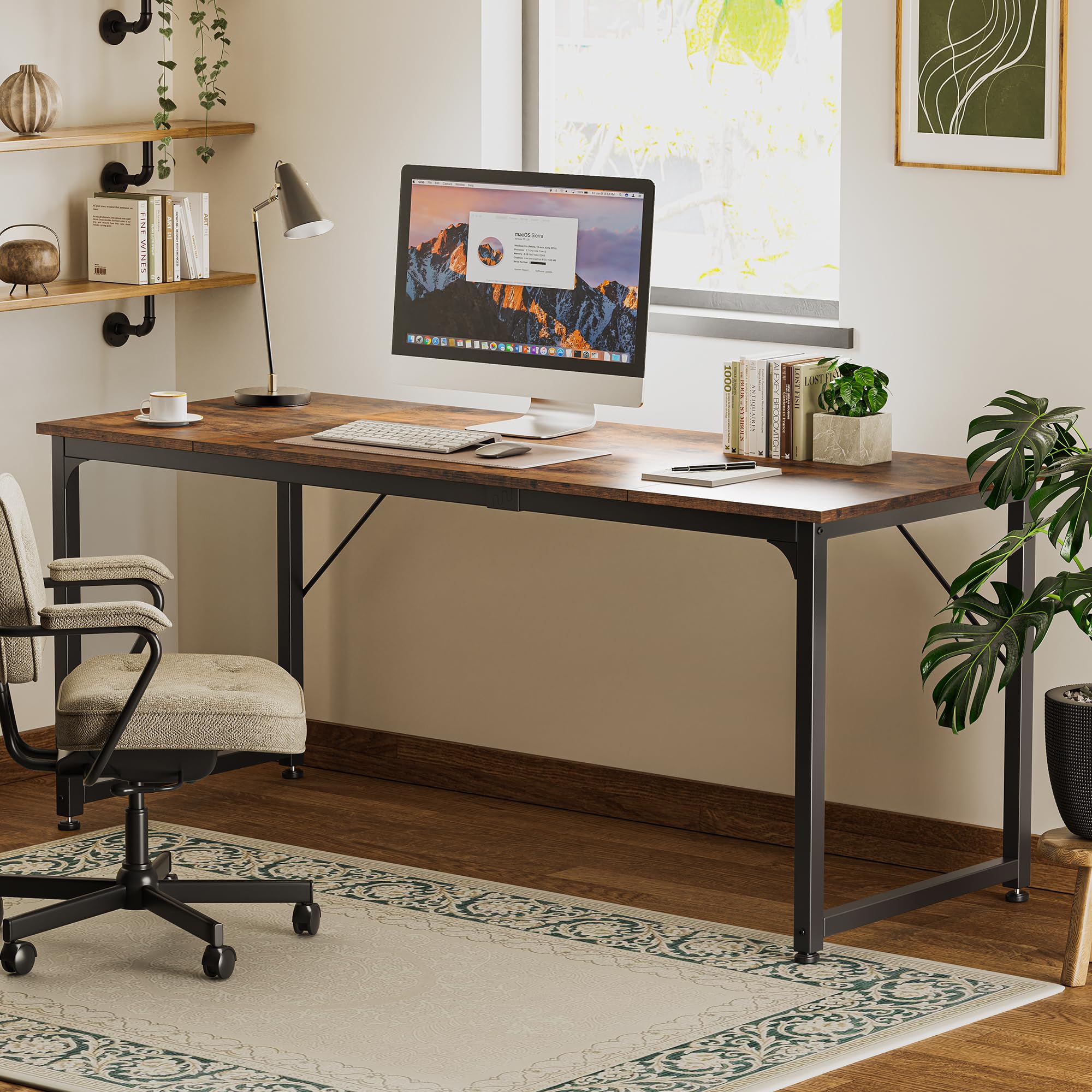 Huuger 70 Inch Computer Desk - Sturdy Metal Frame Office Desk with Storage, Large Gaming & Writing Desk for Home Office, Study, Long Simple Workstation (Rustic Brown) | Perfect for Small Spaces & PC Gaming Setup