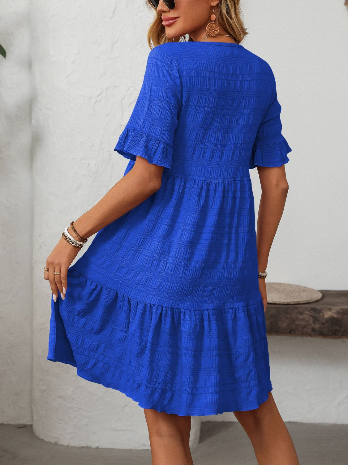 Mandy Women's Ruffled Ruched Round Neck Half Sleeve Casual Dress for Summer, Party, and Date Night