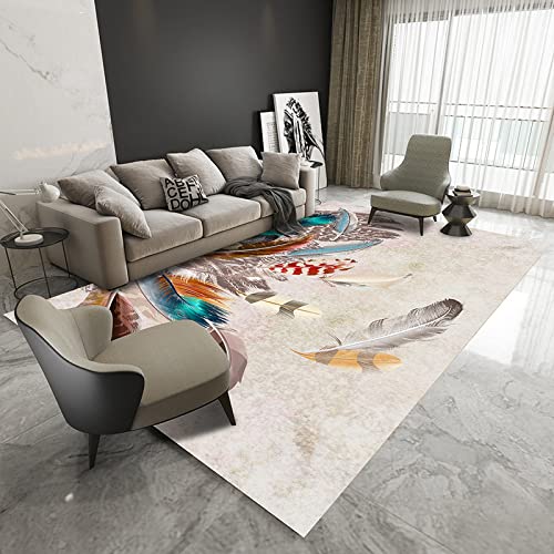 Wusan Large Bohemian Rug with Flying Feather Design - Colorful Bird Feathers Stripe Pattern Modern Carpet for Living Room & Bedroom - Washable Non-Slip Area Rug 79x55 Inches - Perfect for Boho Chic Decor, Cozy Home Accent & Floor Protection