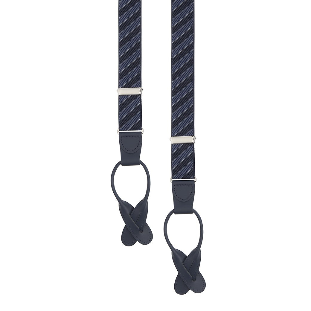 Premium Navy and Blue Striped Suspenders for Men - Stylish Elastic Braces for Formal Wear, Business Attire & Vintage Outfits