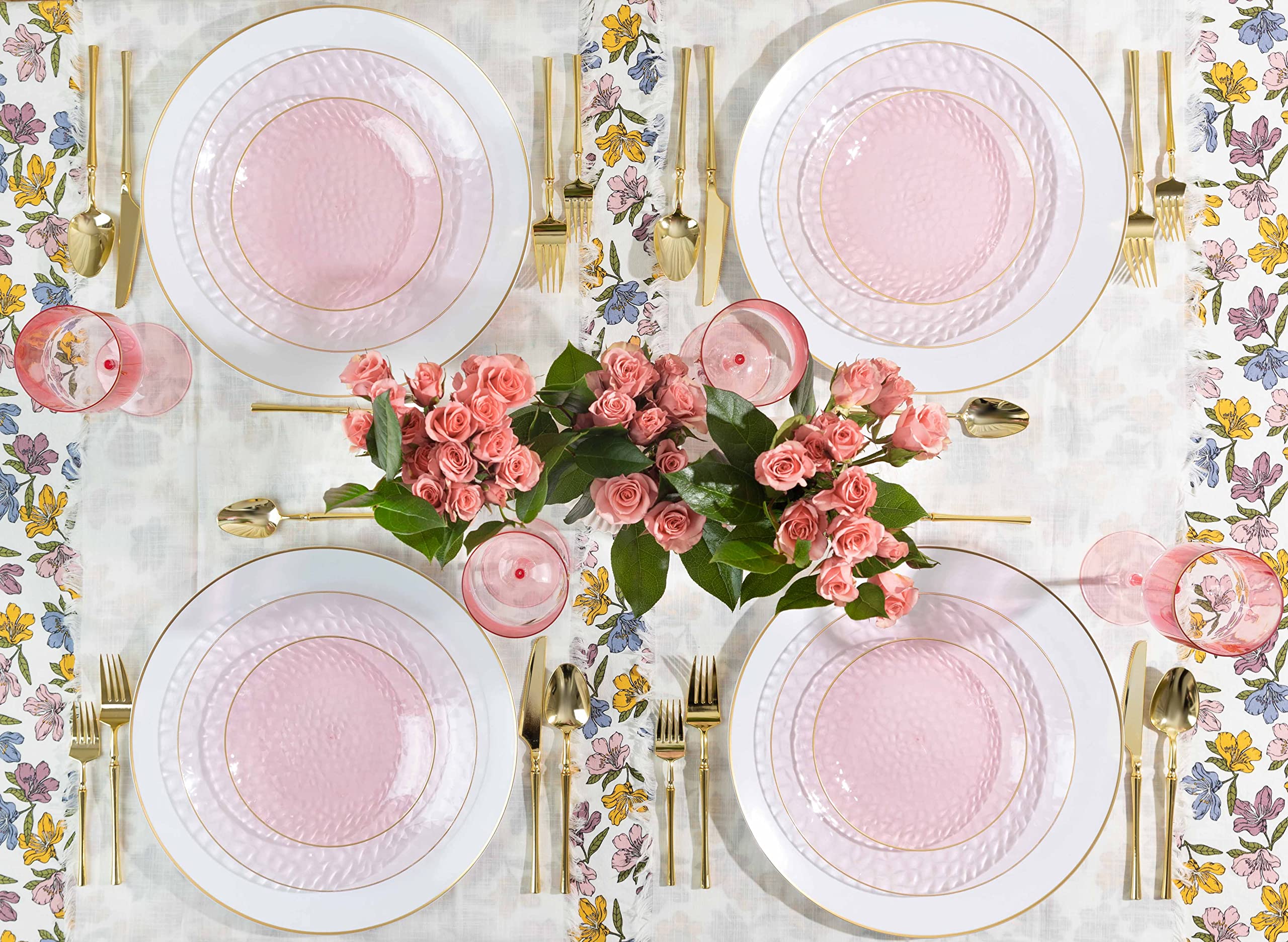 PLASTICPRO 32-Piece Plastic Dinnerware Set - 16 x 7-Inch & 16 x 10-Inch Pink Hammered Plates - Heavyweight Disposable Party Plates for Weddings, BBQs, Picnics & Family Gatherings