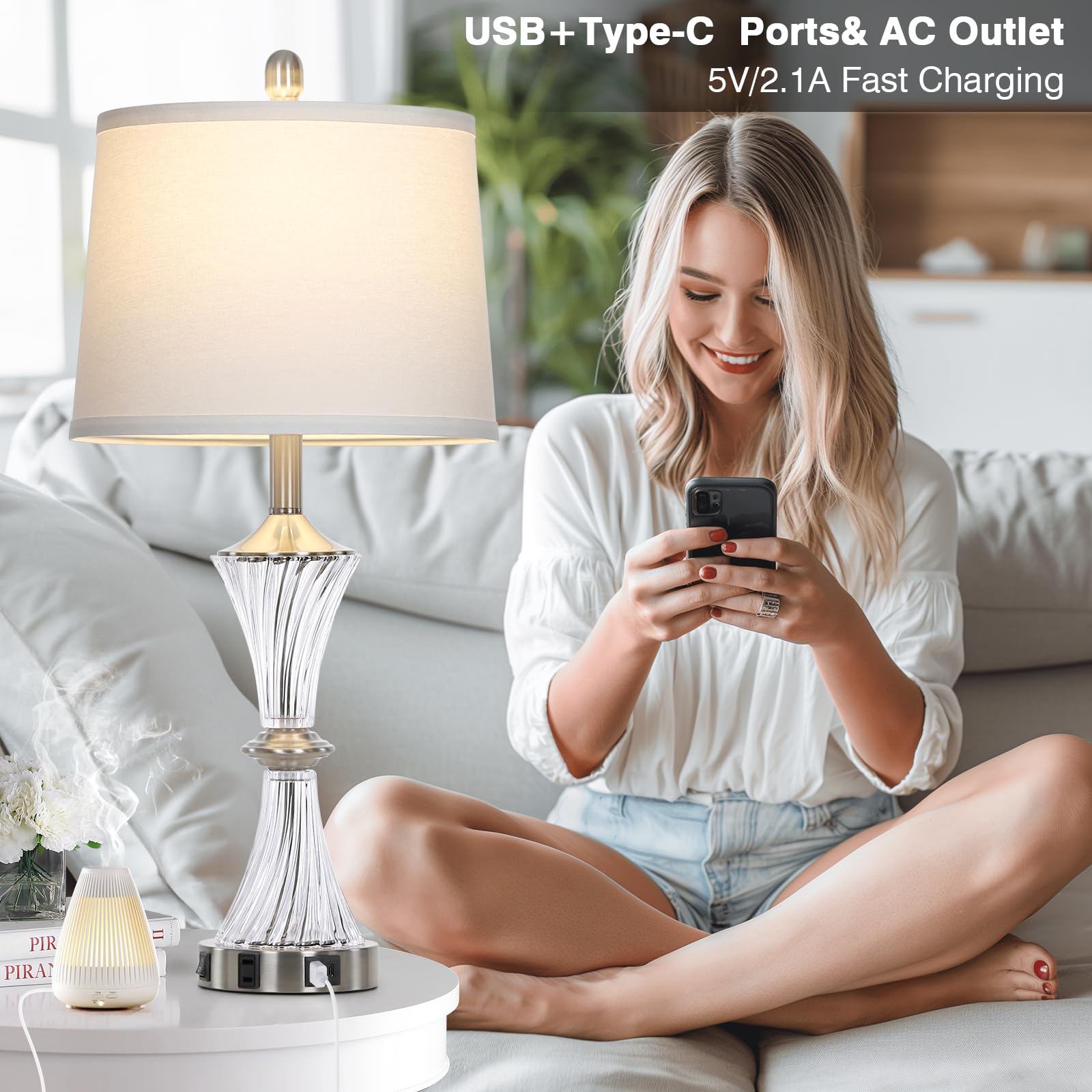 Rinweey 2-Pack Crystal Glass Table Lamps with USB C/A Ports & AC Outlet - Modern White Clear Silver Nightstand Lamps for Bedroom, Living Room - Includes LED Bulbs | Perfect for Reading, Decor, and Ambient Lighting
