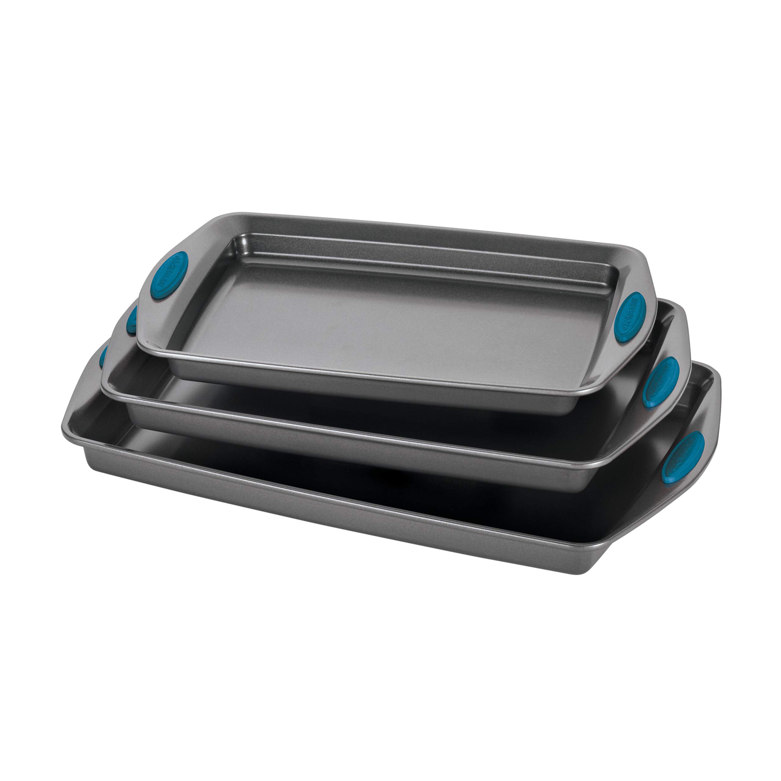 Rachael Ray Cucina 12-Piece Nonstick Cookware Set & 3-Piece Bakeware Set - Hard Anodized Pots, Pans, Cookie Sheets - Gray with Blue Handles - Perfect for Baking, Cooking, and Family Meals