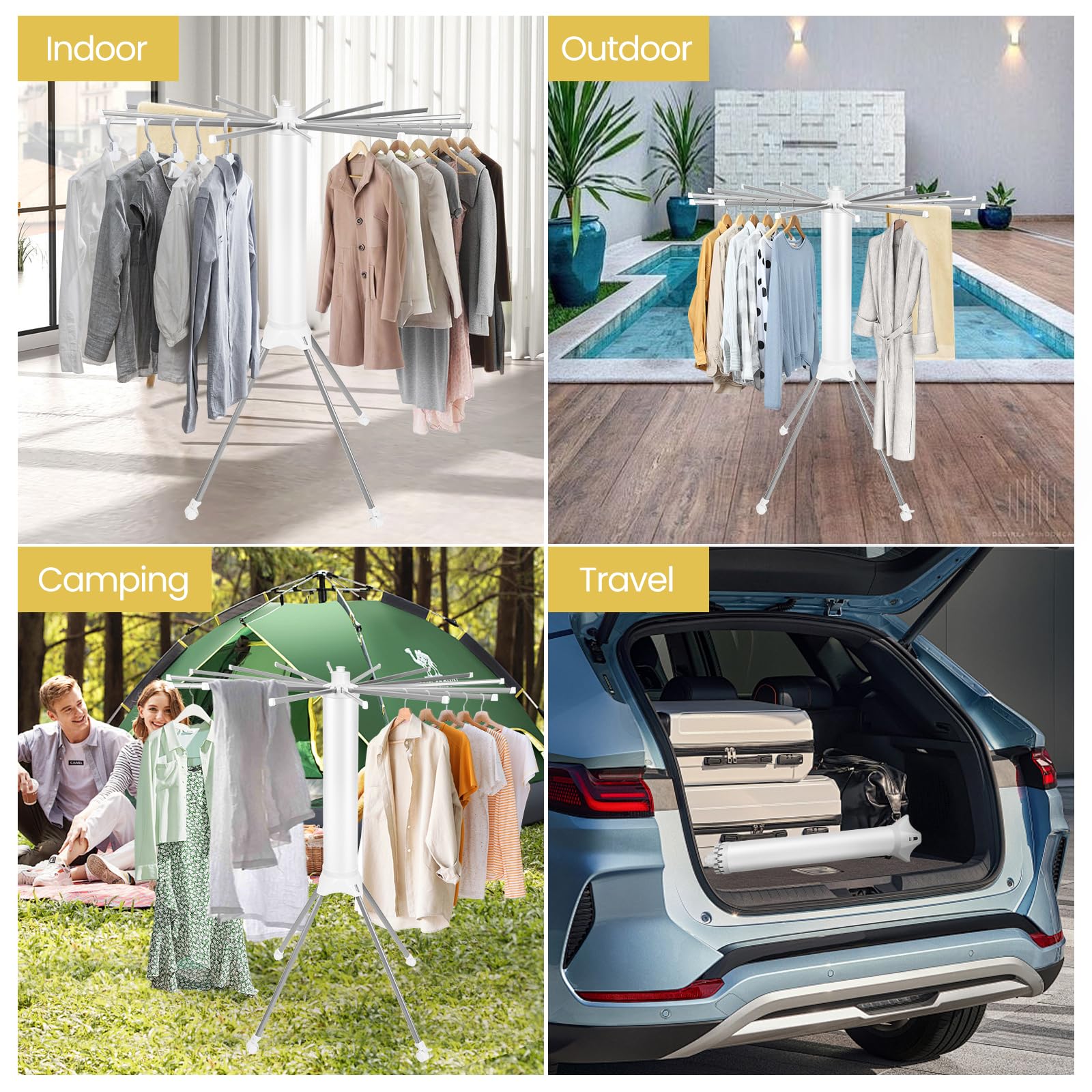 Foldable 4-Legged Clothes Drying Rack with 4 Pulleys & 16 Racks - Portable Laundry Drying Stand for Indoor, Balcony, Poolside & Camping Use - White Space-Saving Clothes Airer for Apartments, Dorms & Travel