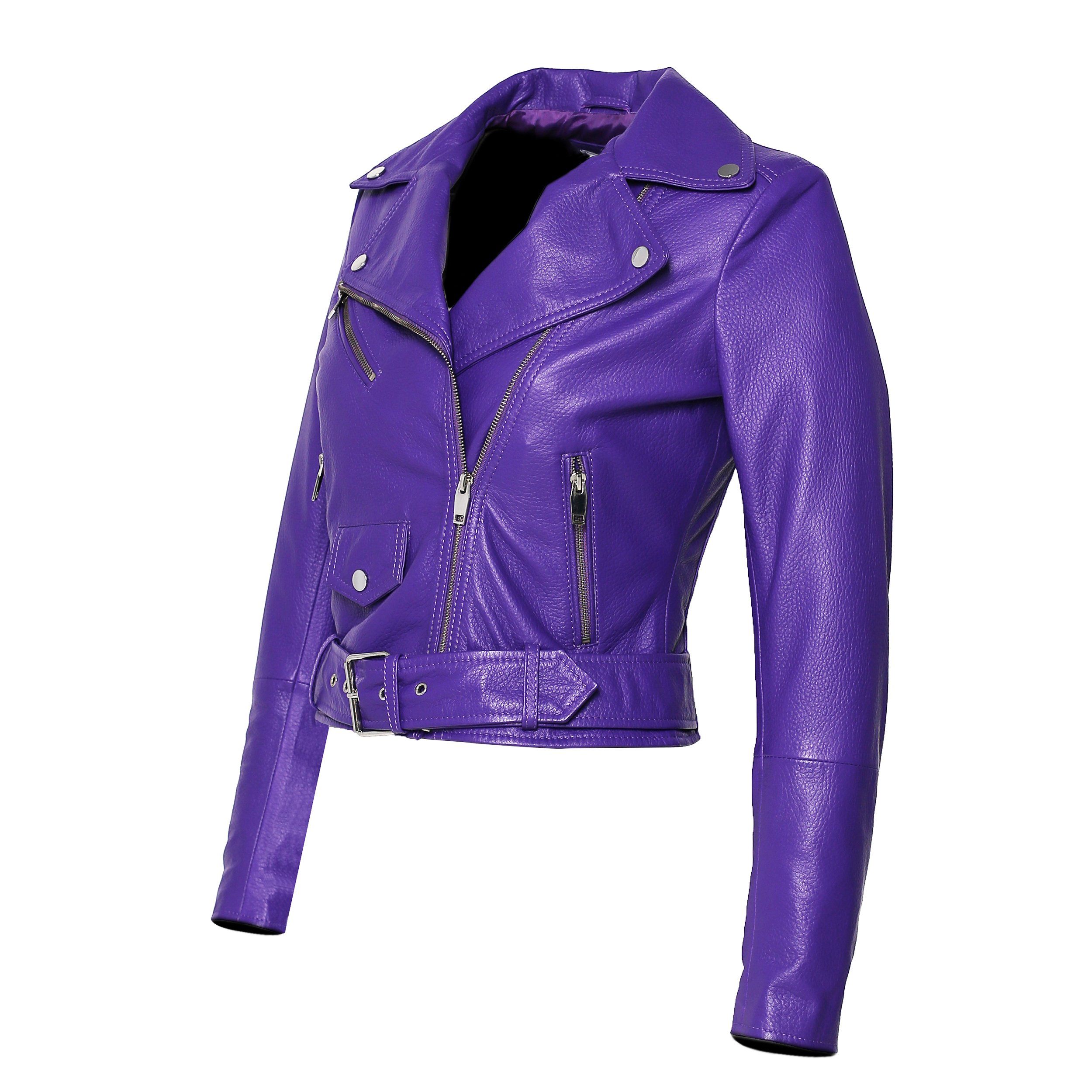 Women's Purple Nappa Leather Jacket - Moto Style with Deerskin Embossed Print | Perfect for Biker Fashion, Night Out & Casual Wear