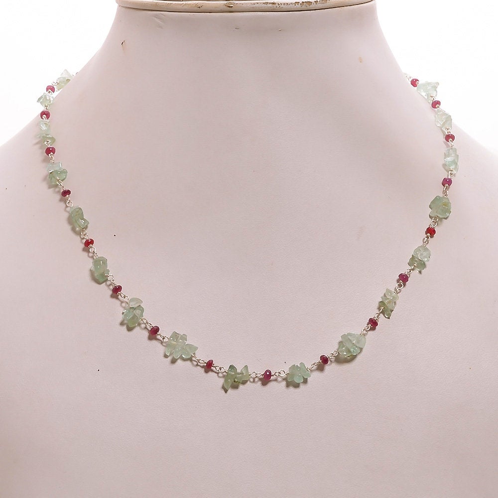 Natural Raw Uncut Emerald & Ruby Gemstone Beads 925 Sterling Silver Chain Necklace - 16 Inch Statement Jewelry Gift for Women, Perfect for Weddings, Parties & Special Occasions