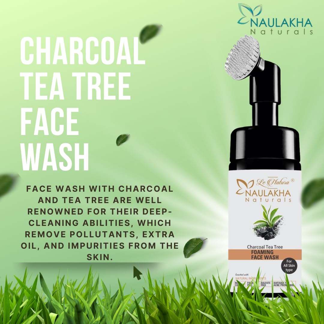 Le Natura Naulakha Naturals Charcoal Tea Tree Foaming Face Wash with Built-In Brush - Anti-Acne, Oil Control Cleanser for Men & Women | Vegan, No Harsh Chemicals | Daily Skincare Routine for Clear, Healthy Skin