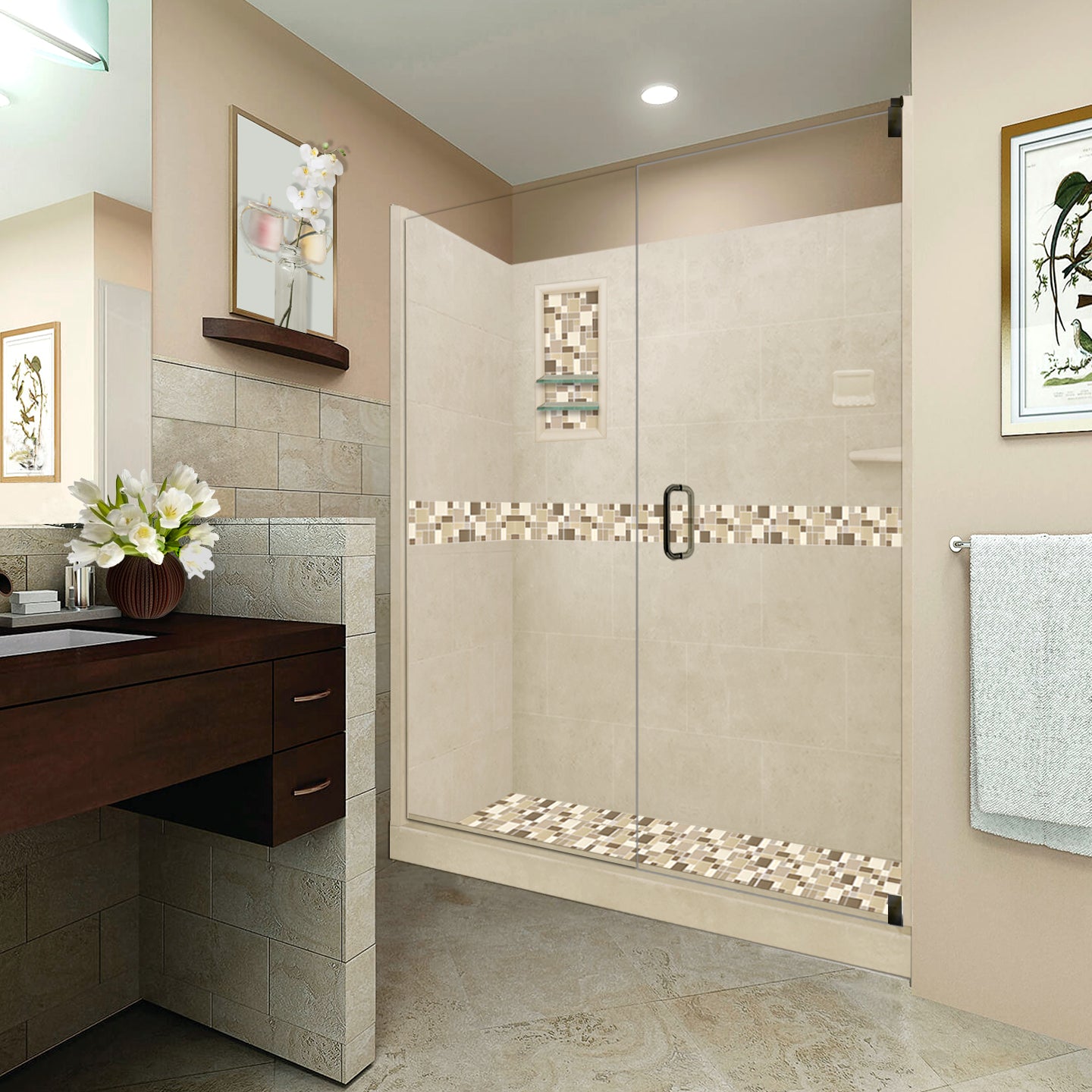 60 Alcove Desert Sand Sistine Stone & Tuscany Mosaic Accent Tile - DIY Shower Remodel Kit for Bathroom Renovation | Waterproof & Easy Installation Backsplash