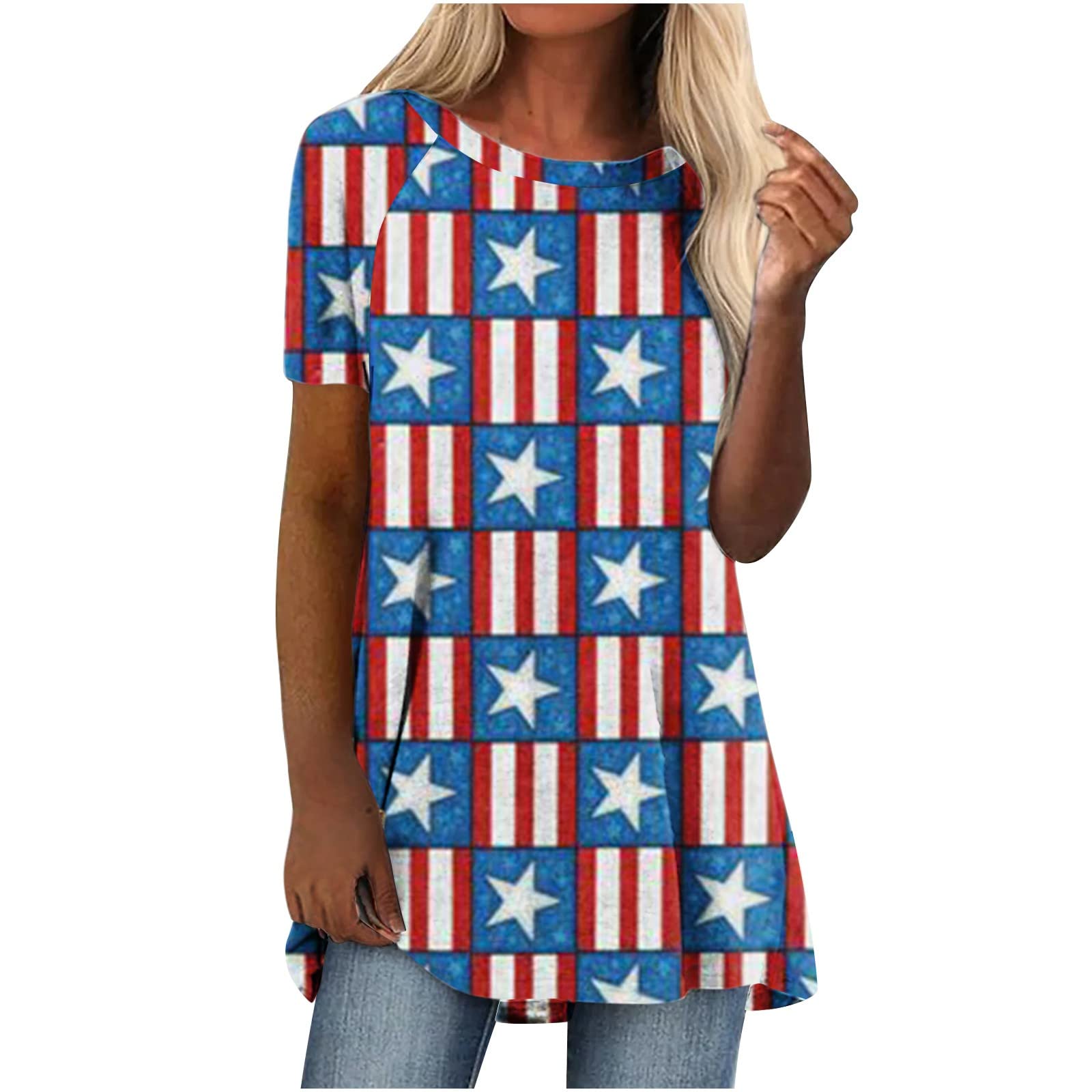 Women's Summer Tops - Fashion Casual Round Neck Printed Short Sleeve Blouse for Independence Day | Perfect for Beach Outings, Picnics & Summer Parties