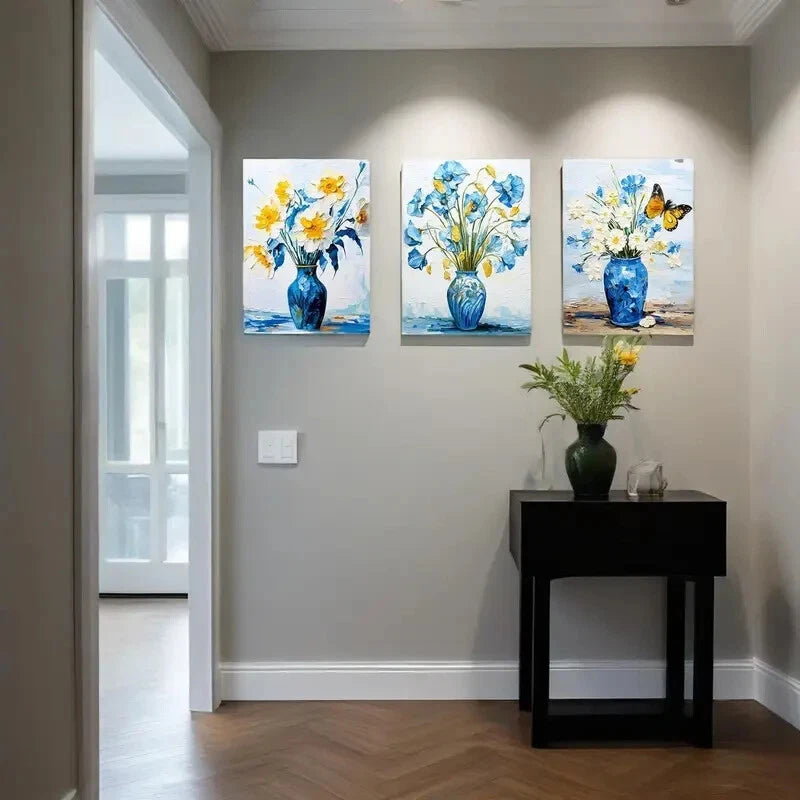 3-Piece White and Blue Daisy Metal Print Art in Pretty Vase - Ready to Hang Wall Decor for Living Room, Bedroom & Office