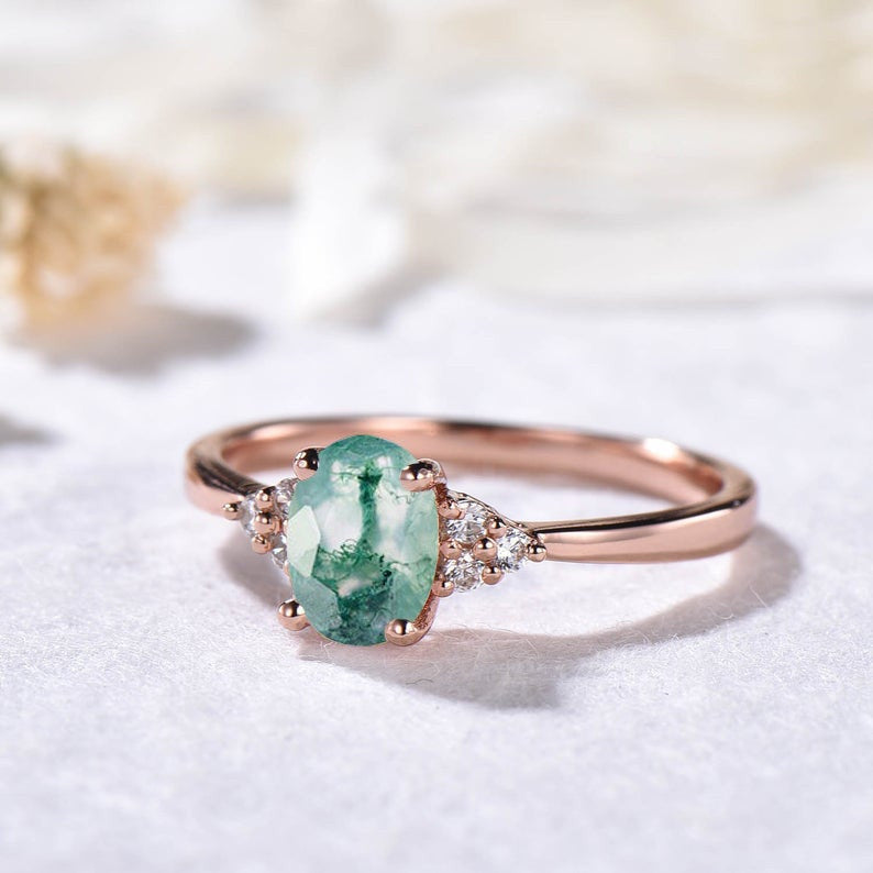 Natural Moss Agate Rose Gold Wedding Band for Women - Elegant Oval Engagement Ring & Anniversary Jewelry Gift for Brides, Wives & Couples (Perfect for Weddings, Proposals & Romantic Occasions)
