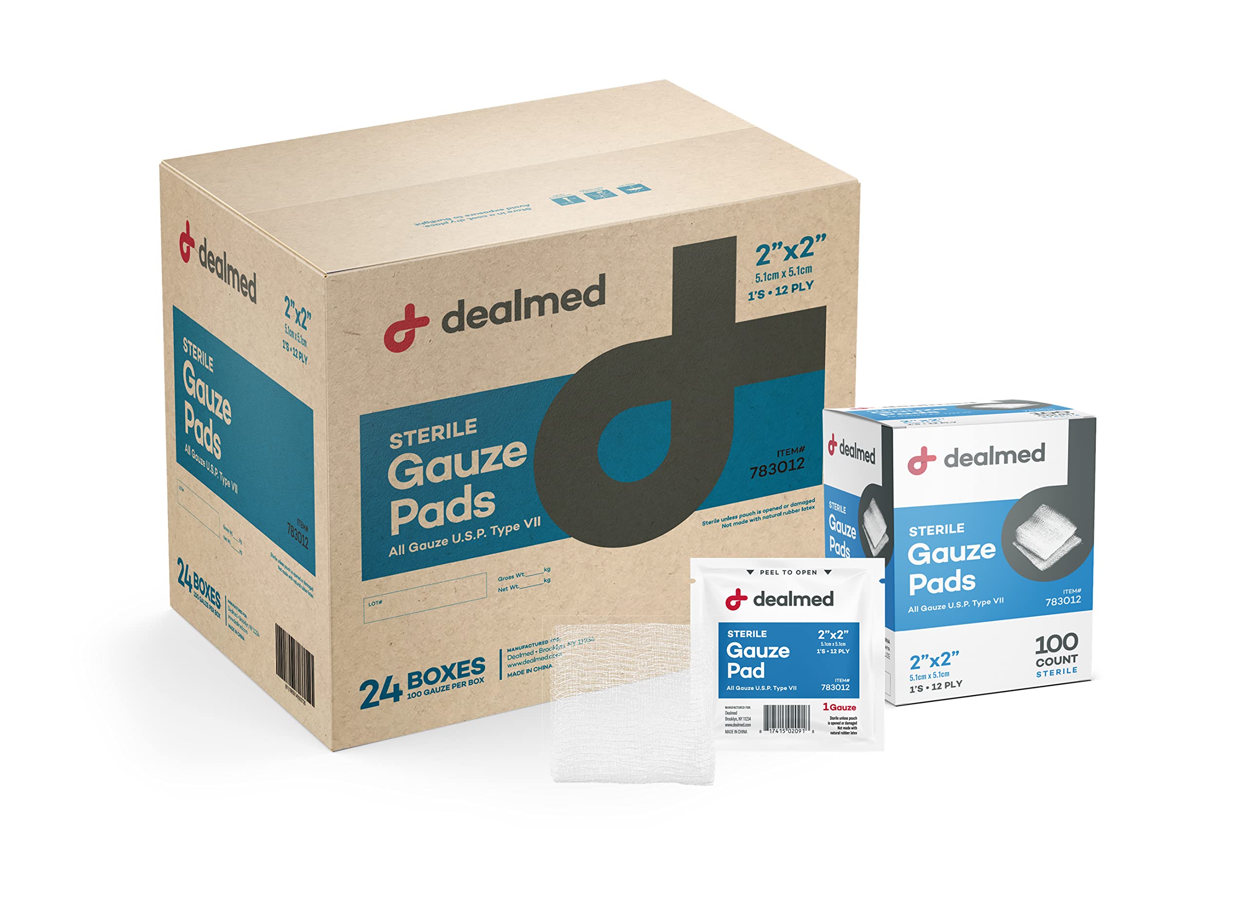 Dealmed Sterile Gauze Pads 2x2 Inches (100 Count) - Individually Wrapped Disposable Medical Wound Dressing for First Aid, Burns, Cuts & Surgical Care - Perfect for Home Kits, Hospitals & Emergency Preparedness (24-Pack Case)