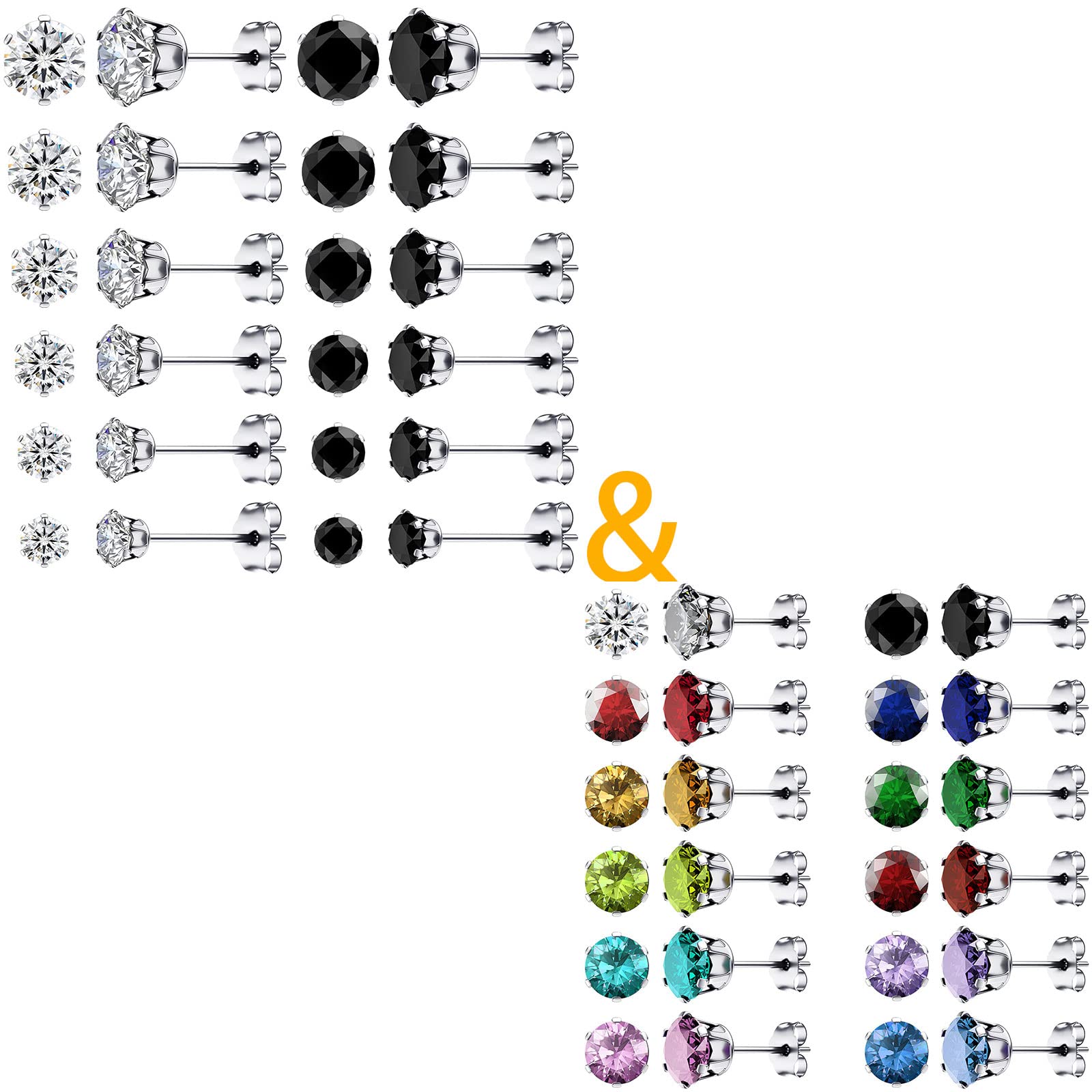 Hypoallergenic Surgical Steel Cubic Zirconia Stud Earrings for Women - 12 Pairs Elegant Earring Set - Perfect for Everyday Wear, Parties, and Gift Giving