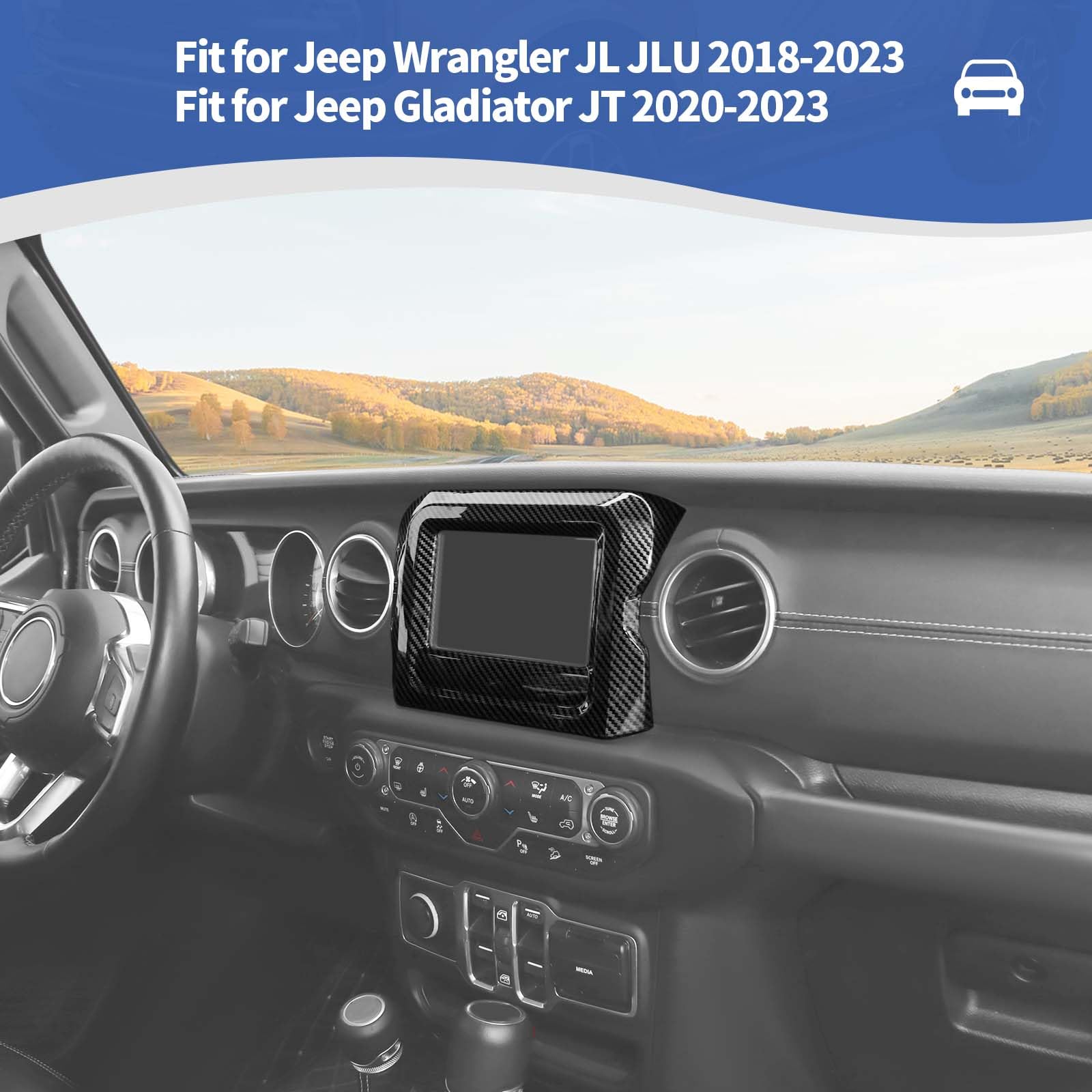 RT-TCZ Jeep JL Center Console Radio Display Panel Trim Cover - Carbon Fiber for Wrangler JL/JLU & Gladiator JT (2018-2023) | 7-Inch Black Interior Upgrade | Perfect for Off-Roading & Daily Commuting