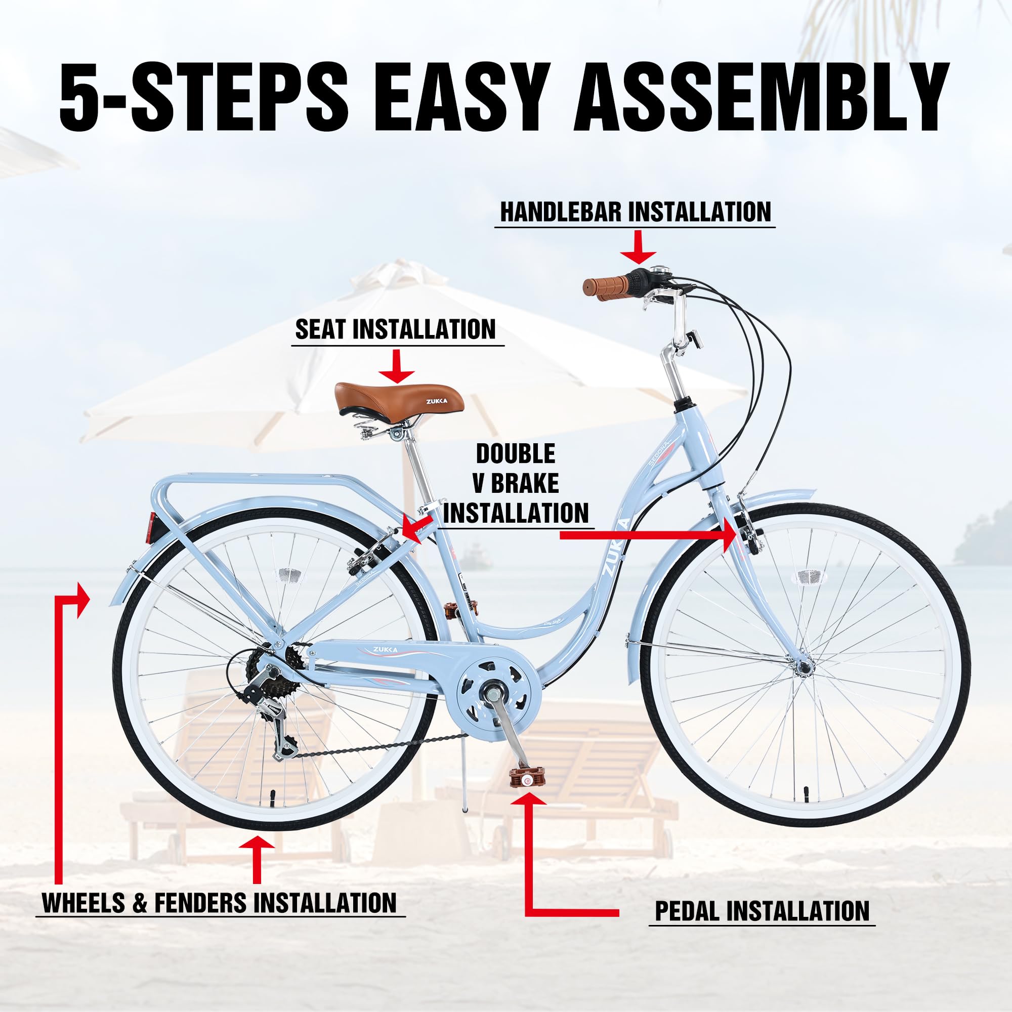 **26 Inch 7-Speed Women's Cruiser Bicycle - US Stock | Beach & City Hybrid Bike in Lotus Pink (Beige) | Perfect for Commuting, Leisure Rides & Beach Outings**