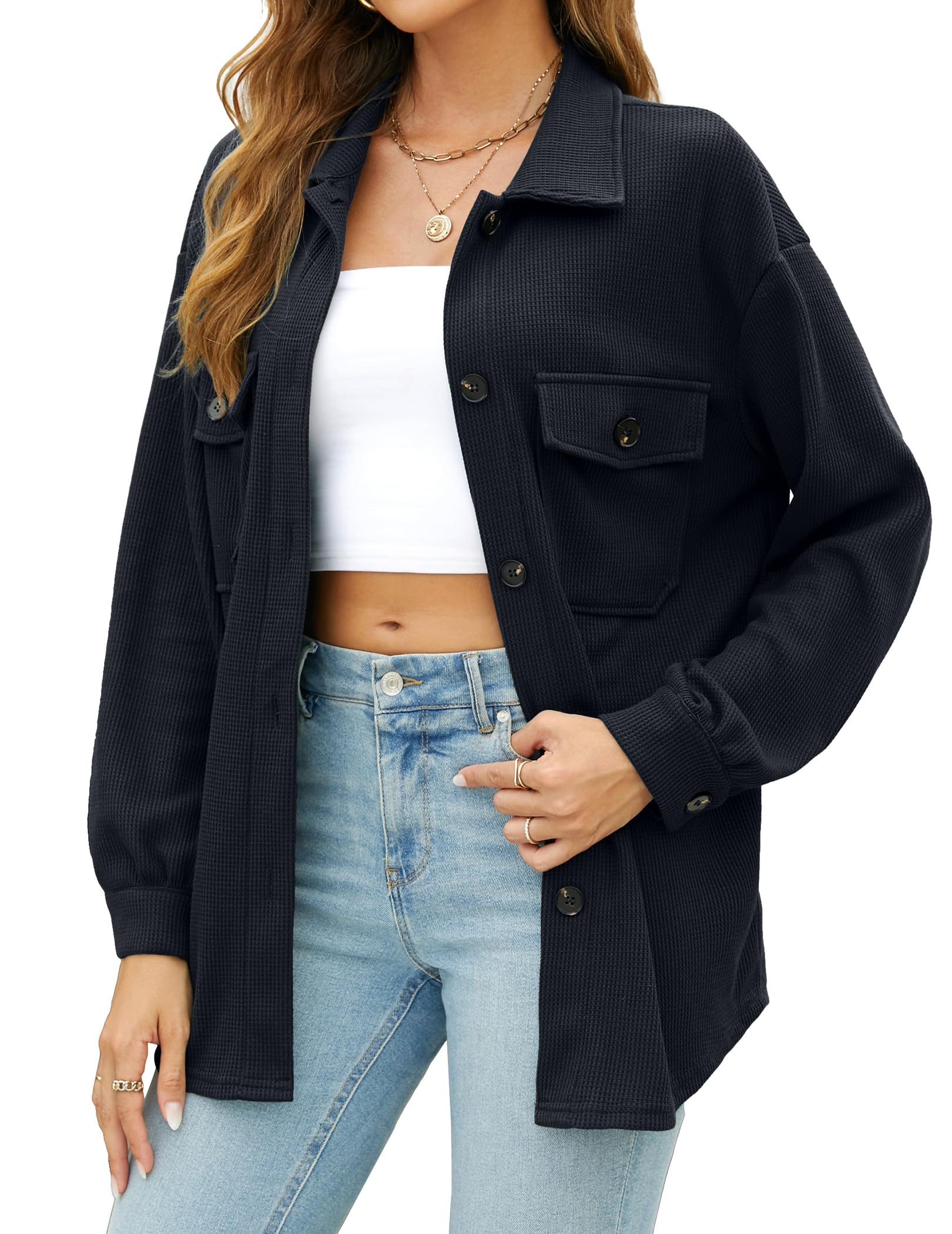GAMISS Women's Waffle Knit Shirt Jacket - Long Sleeve Button Down Blouse with Pockets | Casual Loose Fit Top for Fall & Spring Layering