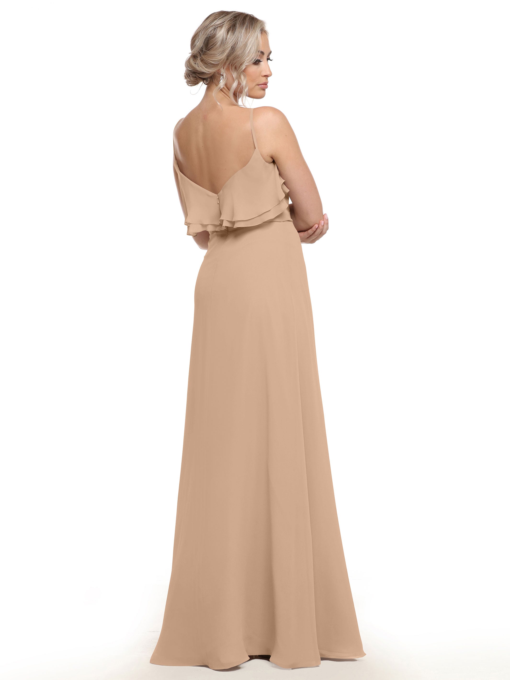 Elegant 80146 Sheath Chiffon Bridesmaid Dress with Ruffled Neckline - Perfect for Weddings, Formal Events & Special Occasions