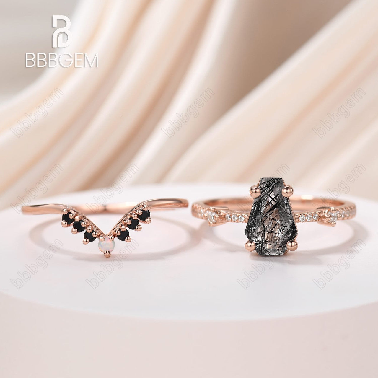 Three Stone Black Tourmaline Coffin Ring Set - Coffin Cut Black Rutilated Quartz Wedding Band - Statement Jewelry for Women - Perfect for Engagement, Anniversary & Special Occasions