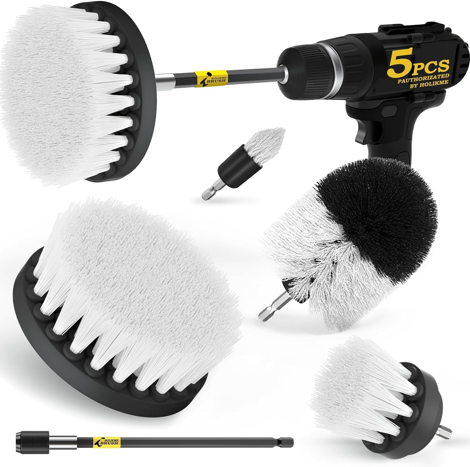 Holikme 4-Piece Drill Brush Power Scrubber Set - Long Handle Cleaning Attachments for Grout, Tile, Bathroom & Kitchen - Multi-Surface Scrubber for Floors, Tubs, Showers & More - Perfect for Deep Cleaning Hard Surfaces
