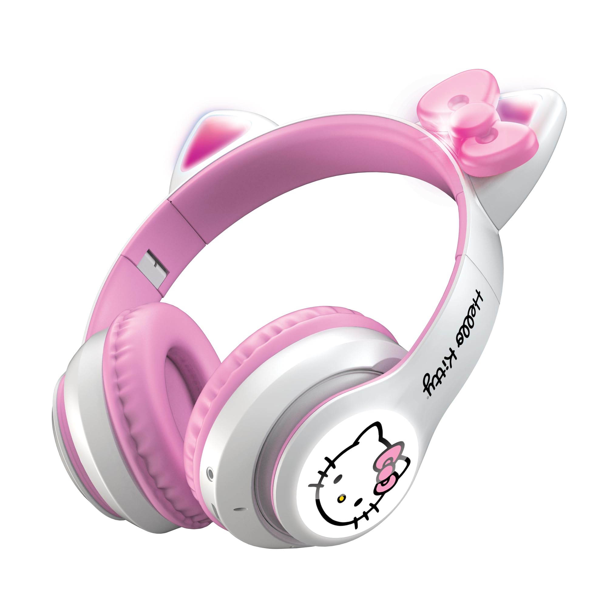Hello Kitty Wireless Bluetooth Headphones with LED Light-Up Earcups - Foldable Design, Adjustable Headband, 8H Playtime - Cute Cat Ear Headphones for Kids & Adults (White) - Perfect for Anime Fans, Kawaii Lovers & Gift Giving