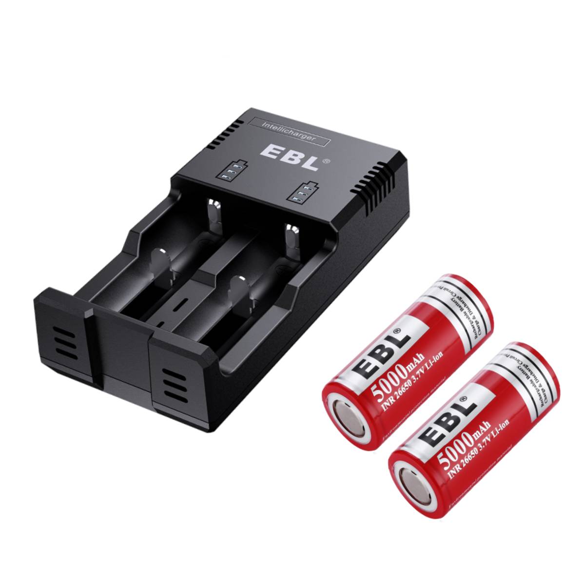 EBL 2-Pack 26650 Rechargeable Lithium Batteries 5000mAh with 992 Universal Battery Charger - Perfect for Flashlights, Vape Mods, and Solar Power Storage